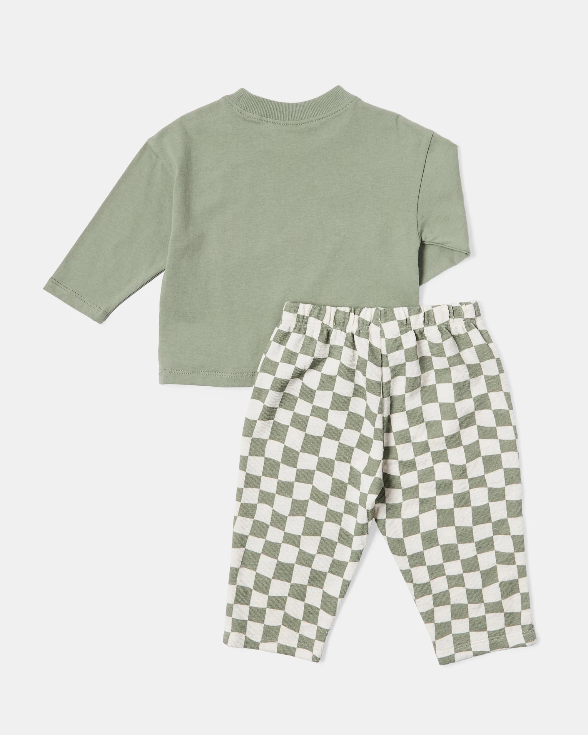 2 Long Sleeve Slub T-shirt and Pants Set Check, 2 of 6