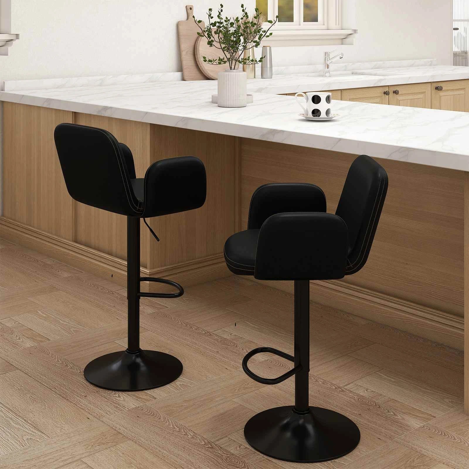 2 Costway Swivel Bar Stools Set 2x Upholstered Barstools Adjustable PU Counter Chairs - Black, 2 of 4