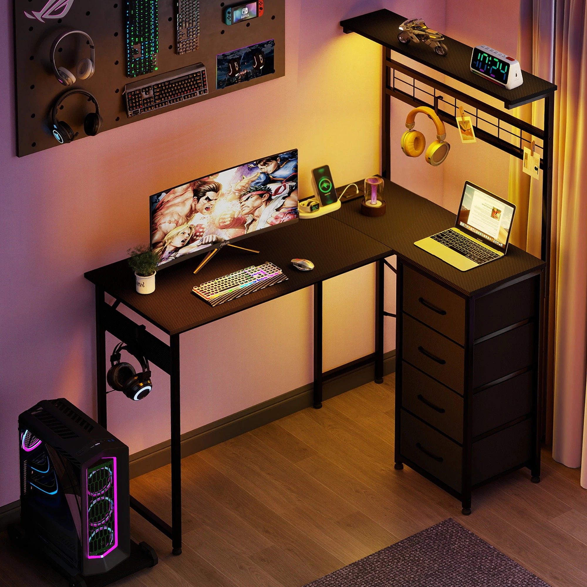 7 Levede  L-shaped Computer Desk with Drawers - Black, 7 of 9