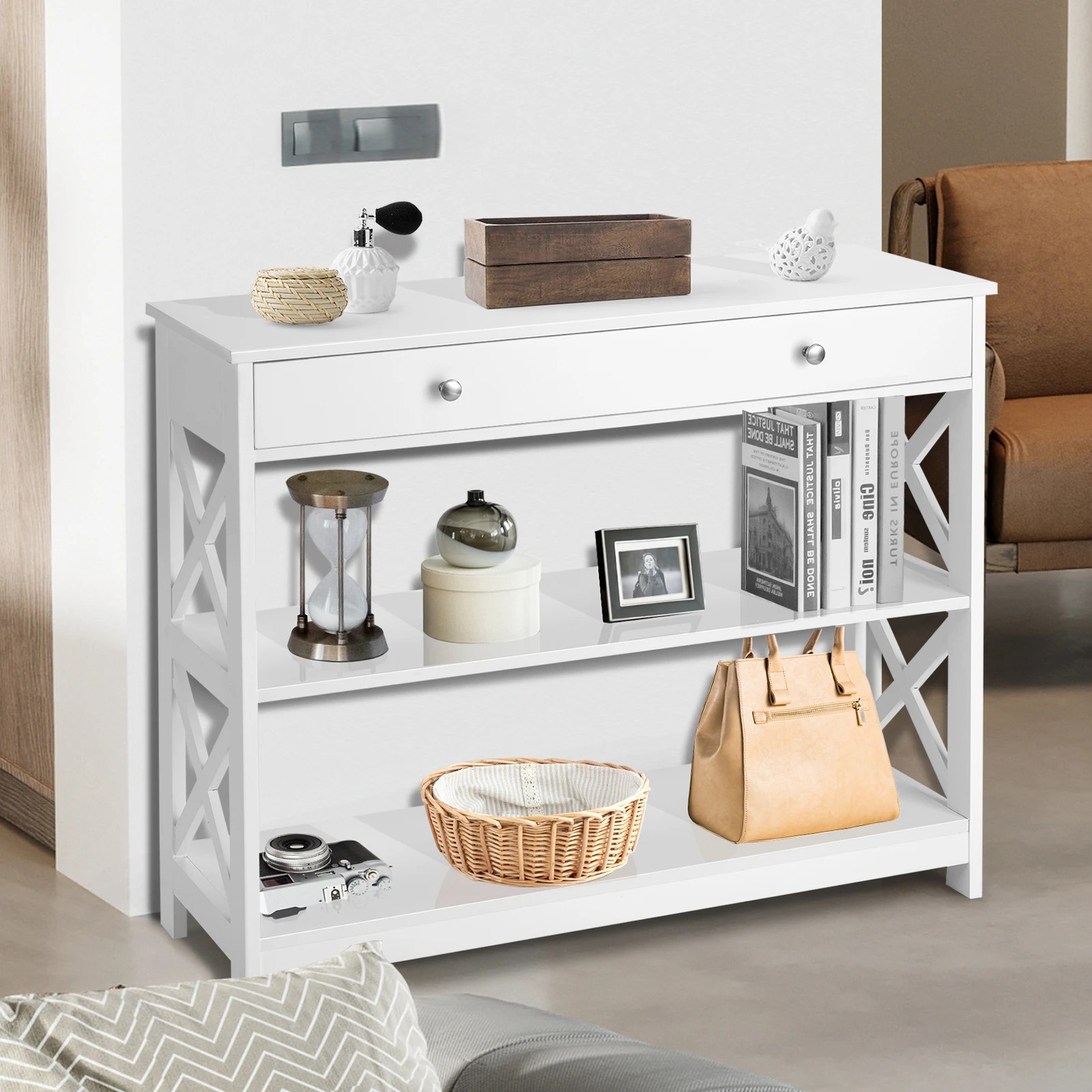 6 Costway 3-Tier Console Table w/Drawer Display Table - White, 6 of 10