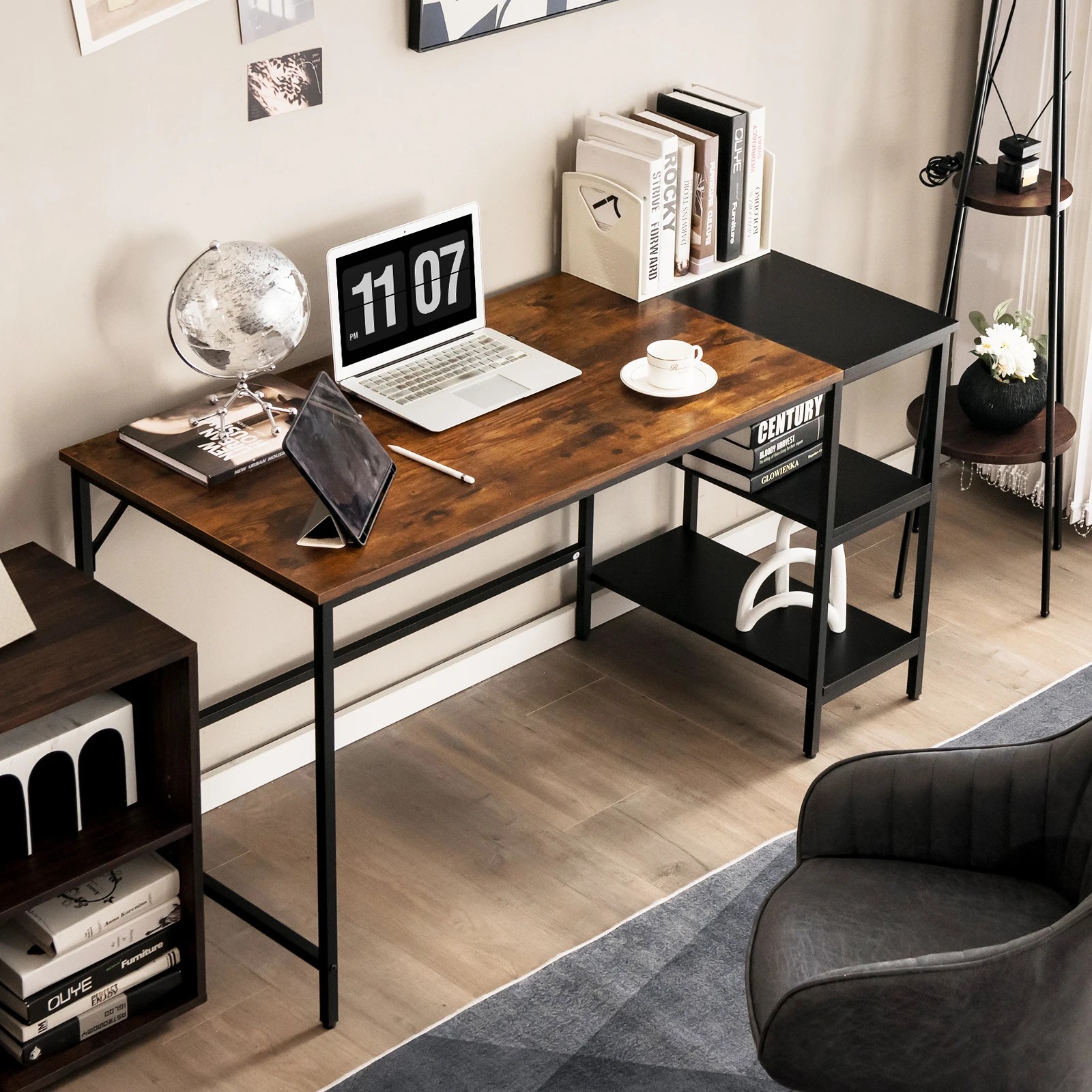 2 Costway 140cm Reversible Computer Desk Writing Study Table w/Bookshelf, 2 of 6