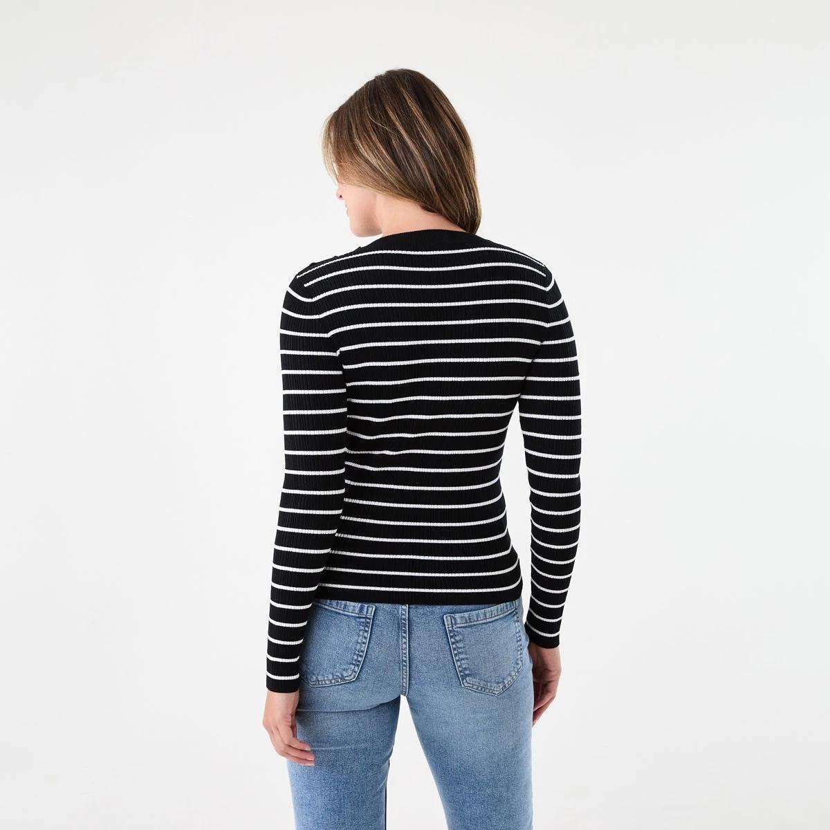 3 Long Sleeve Button Detail Top Ecru Strp, 3 of 6