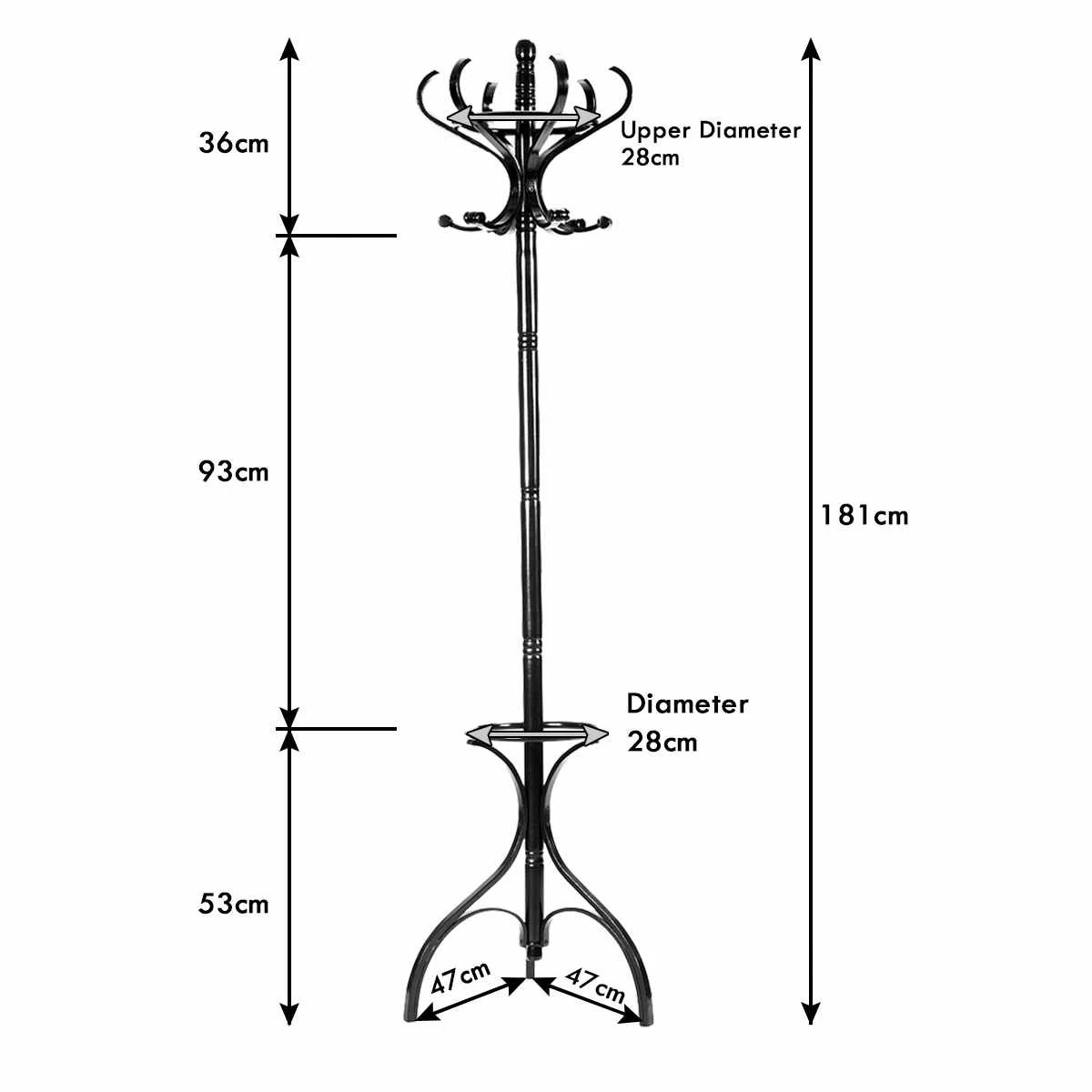 2 Costway 181CM Wood Coat Rack Hat Clothes Hanger w/Umbrellar Holder & 12 Hooks - Black, 2 of 3