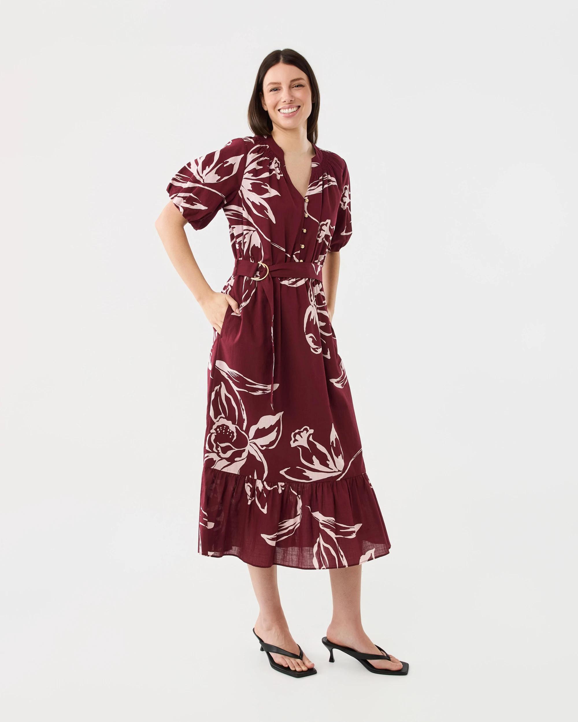 2 Short Sleeve Woven Belted Midi Dress Flrl Cran, 2 of 8