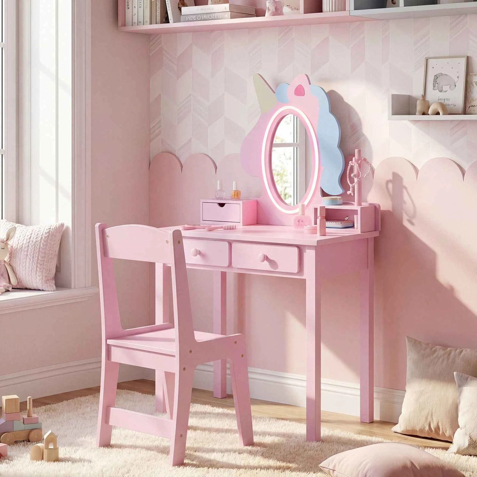 3 Costway Vanity Stool Set Lighted Unicorn Mirror Jewelry Rack - Pink, 3 of 3