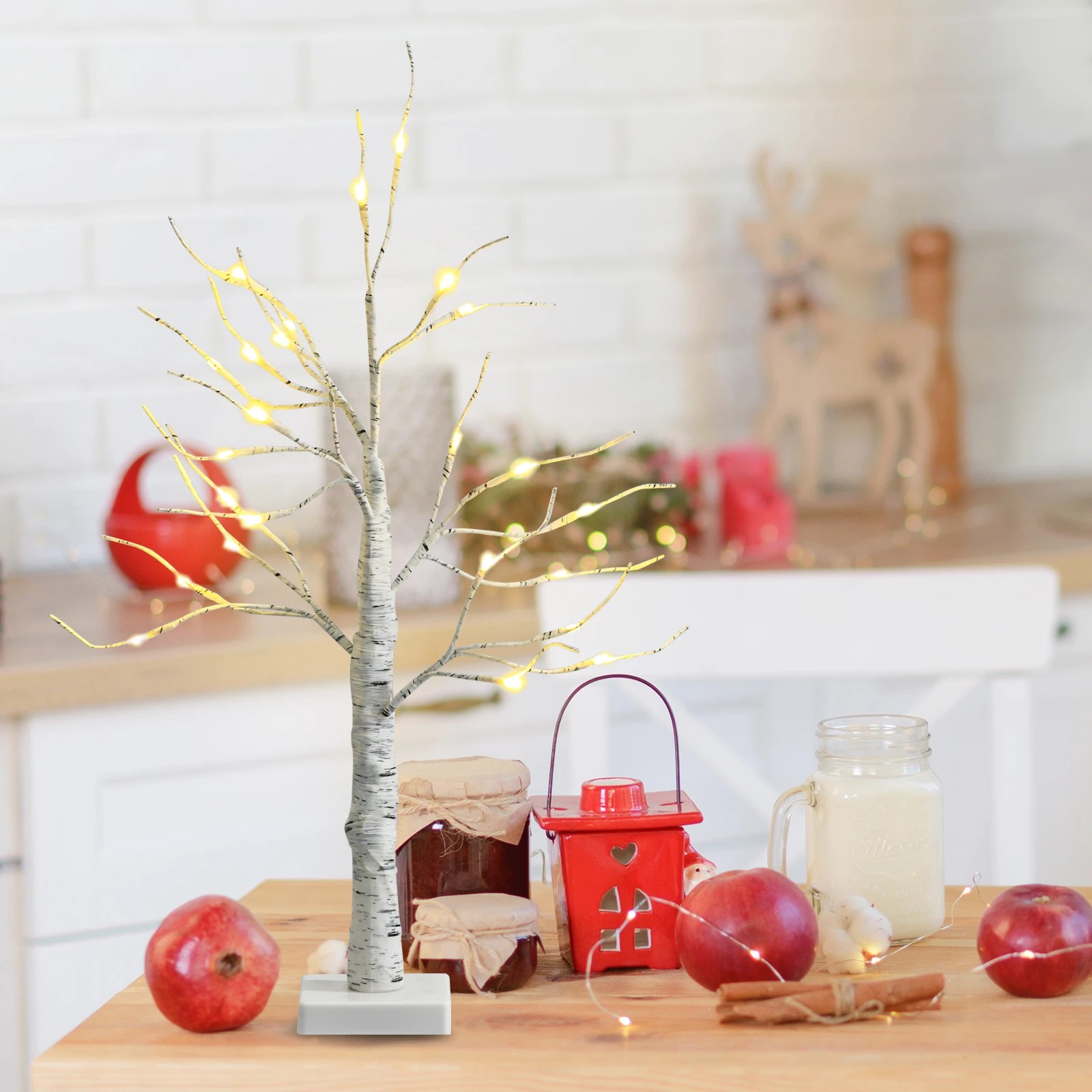 1 Costway 60cm Artificial Twig Birch Tree Tabletop Christmas Decoration w/24 LEDs, 1 of 3