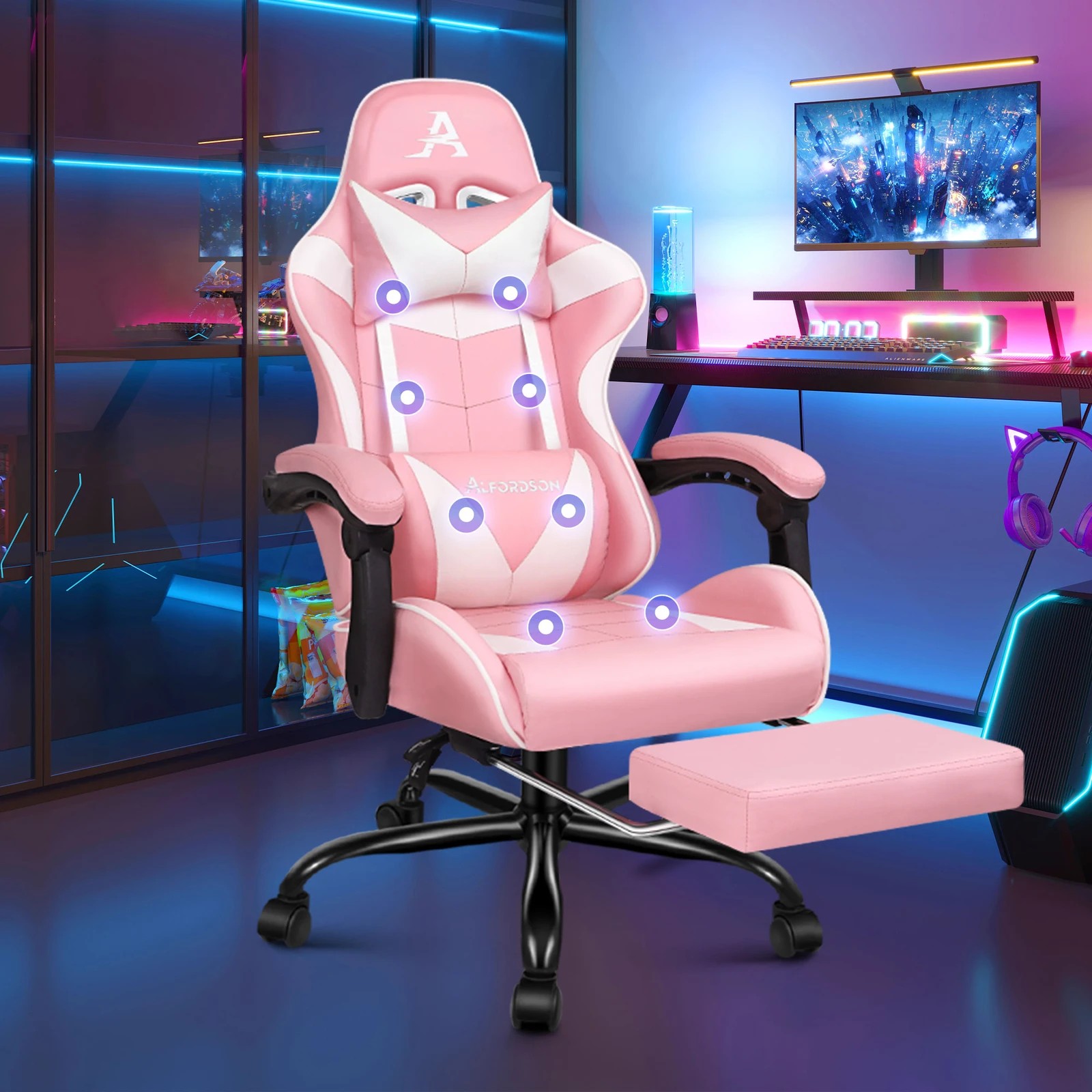 2 Alfordson Gaming Chair Office Massage Computer Racing Seat PU Leather - Pink, 2 of 10