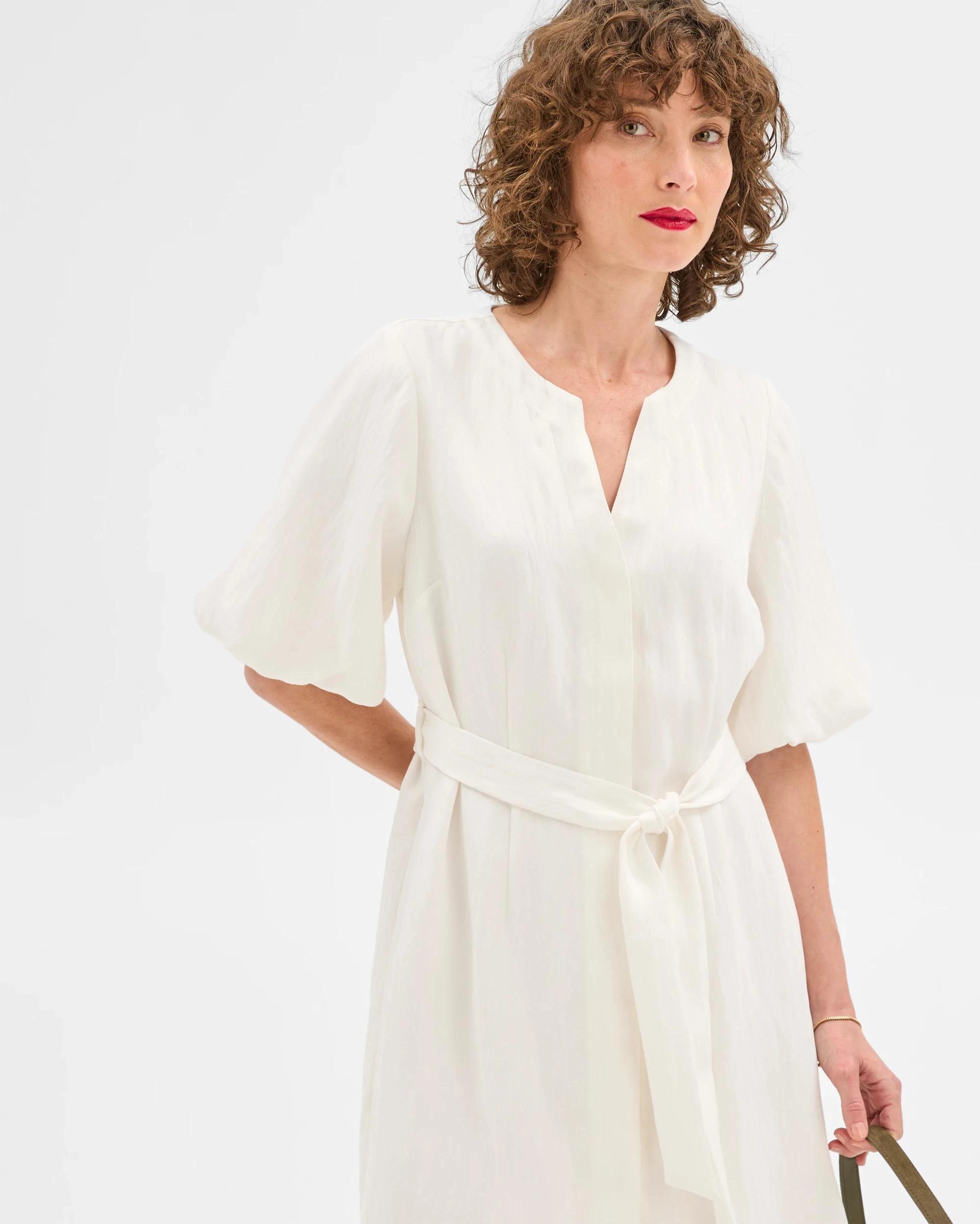 3 Puff Sleeve Mini Shirt Dress - Preview CLOUD DANCER, 3 of 6