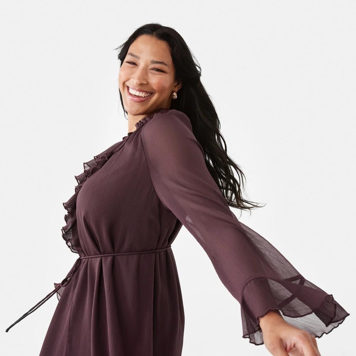 5 Long Sleeve Ruffle Mini Dress Mulberry, 5 of 10