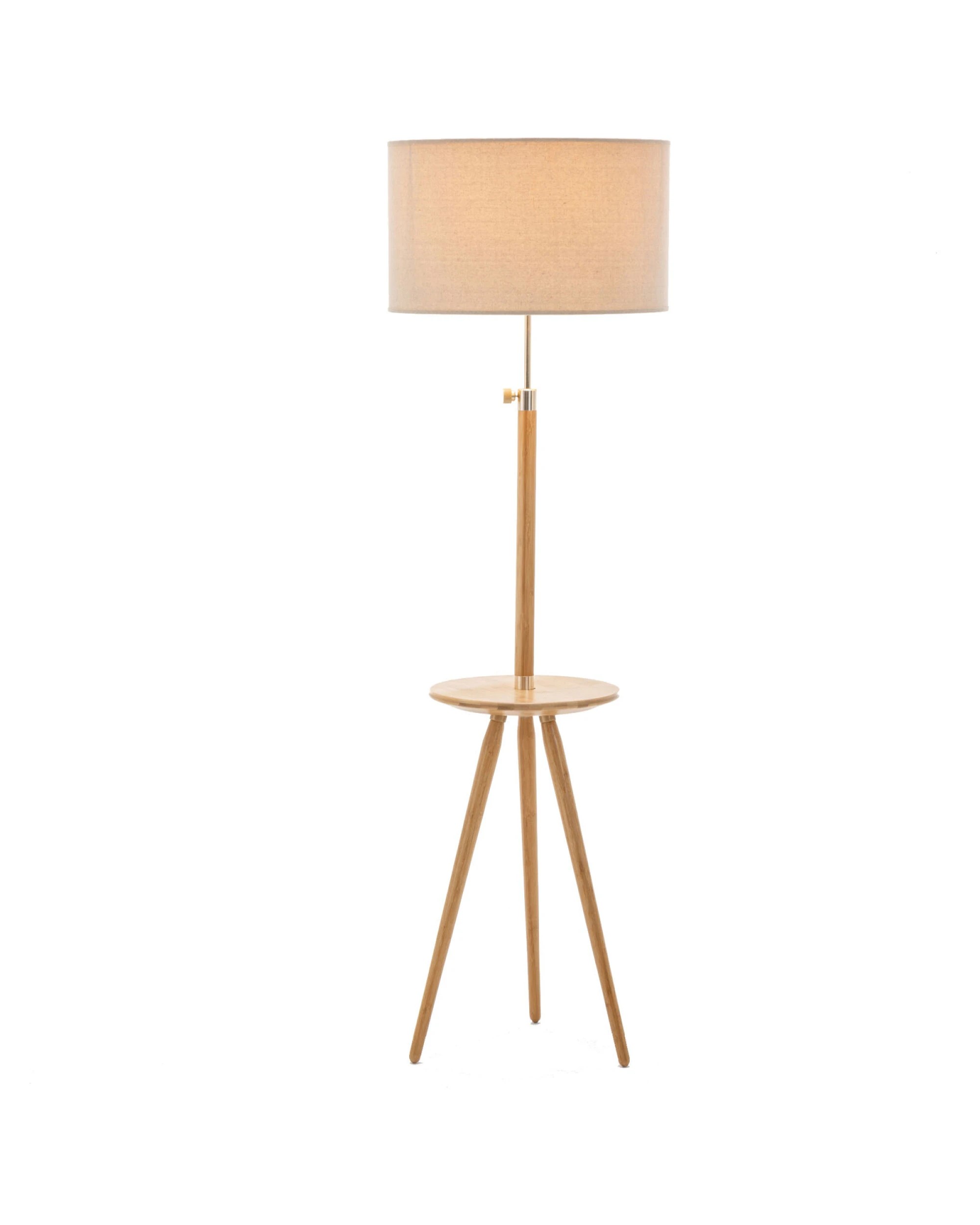 1 BR Home Adjustable Bamboo Tripod Floor Lamp with Linen Shade and Built-In Table, 1 of 9