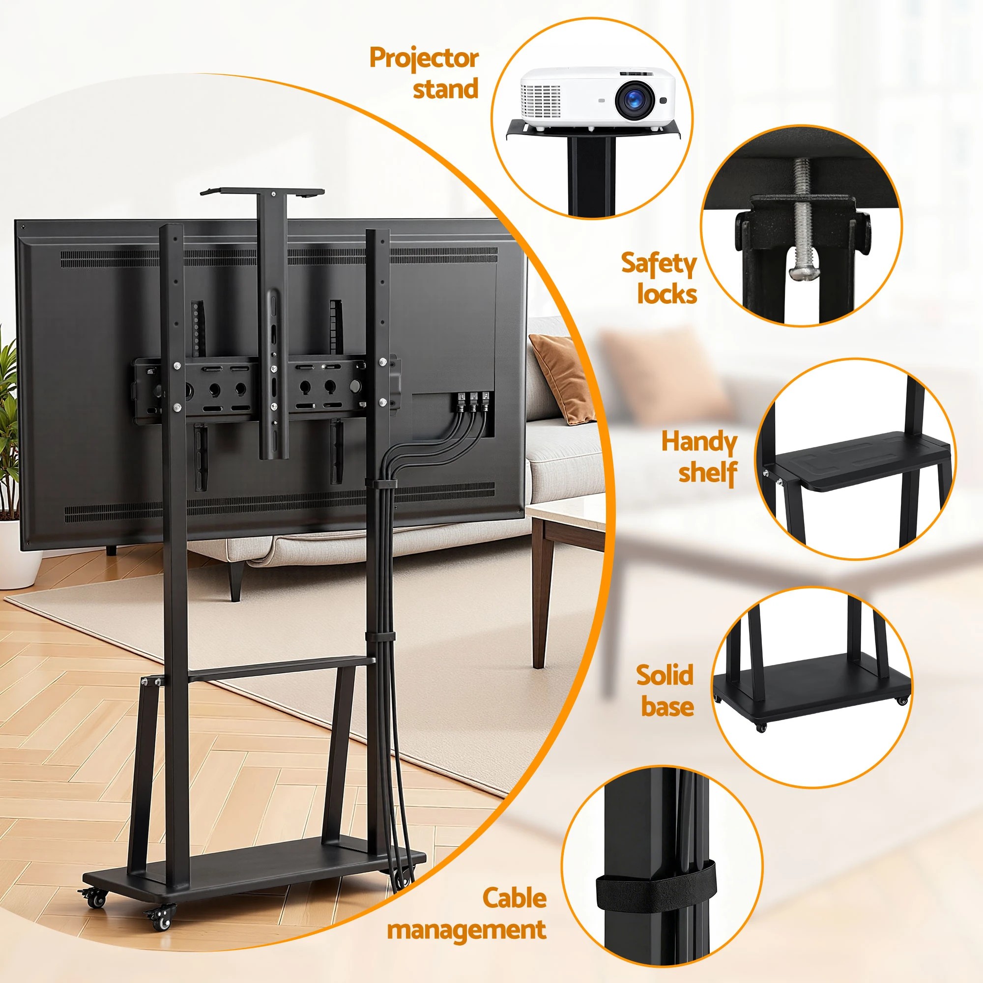 10 Artiss TV Stand  32-70" Universal Mobile Adjustable Height TV Stand with Wheels - Black, 10 of 10