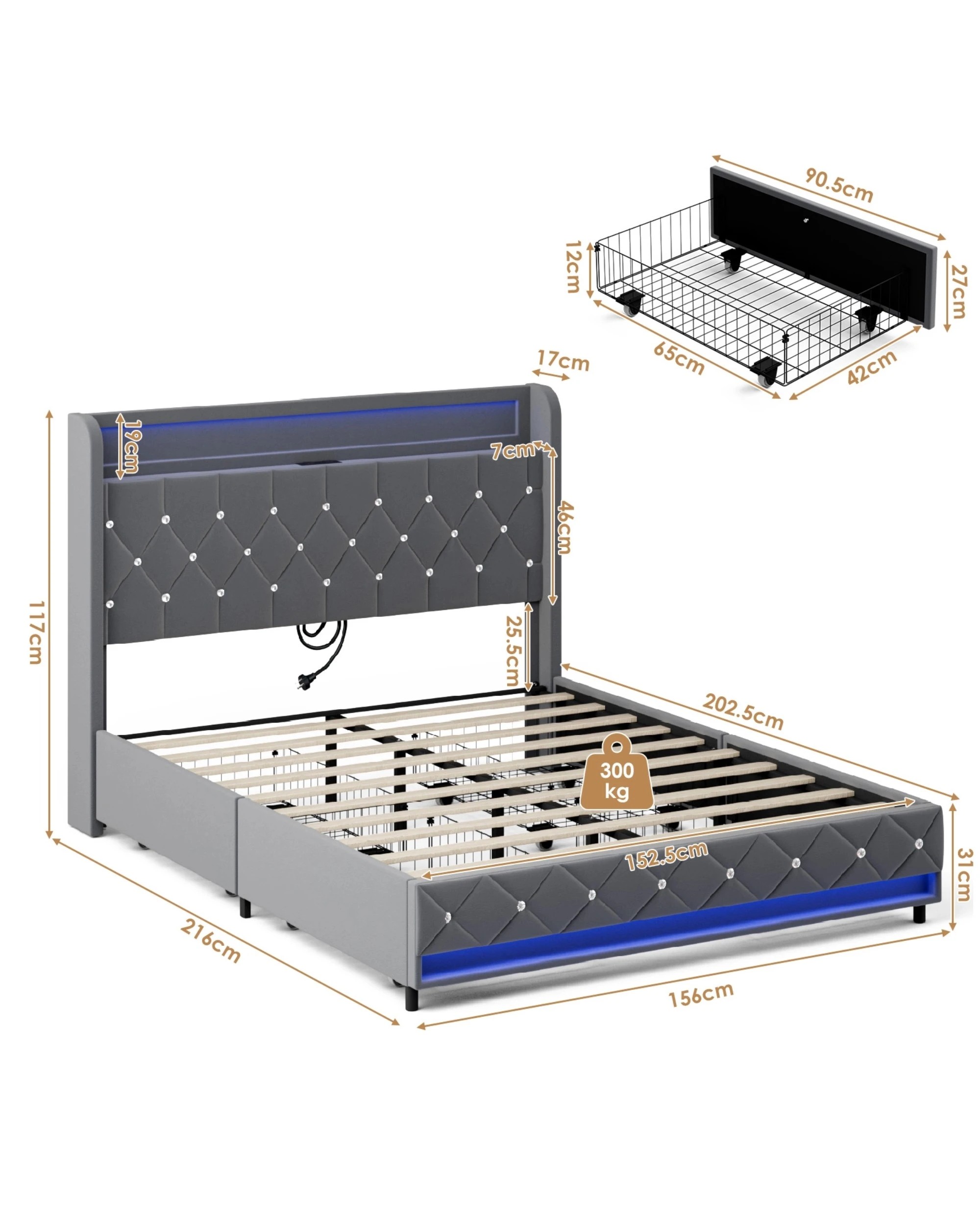 3 Advwin Queen LED Bed Frame with Velvet Upholstered Headboard & Charging Station - Grey, 3 of 7