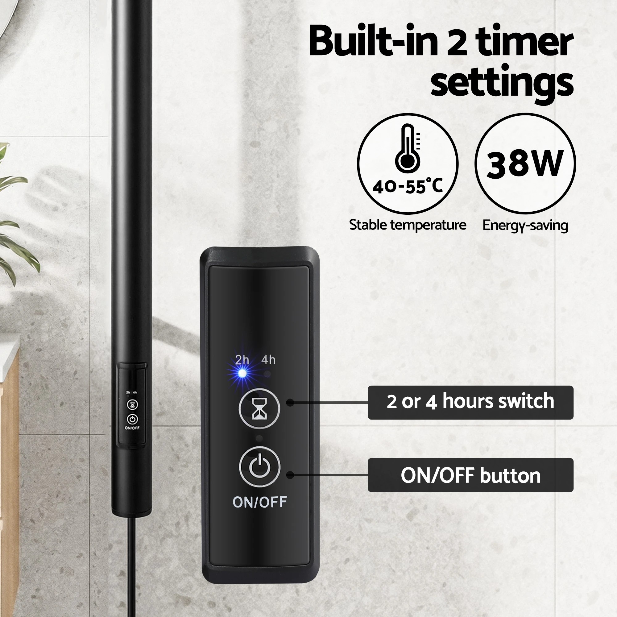 2 Devanti Heated Towel Rail with Timer Vertical Electric Heater Warmer Rack - Black, 2 of 6