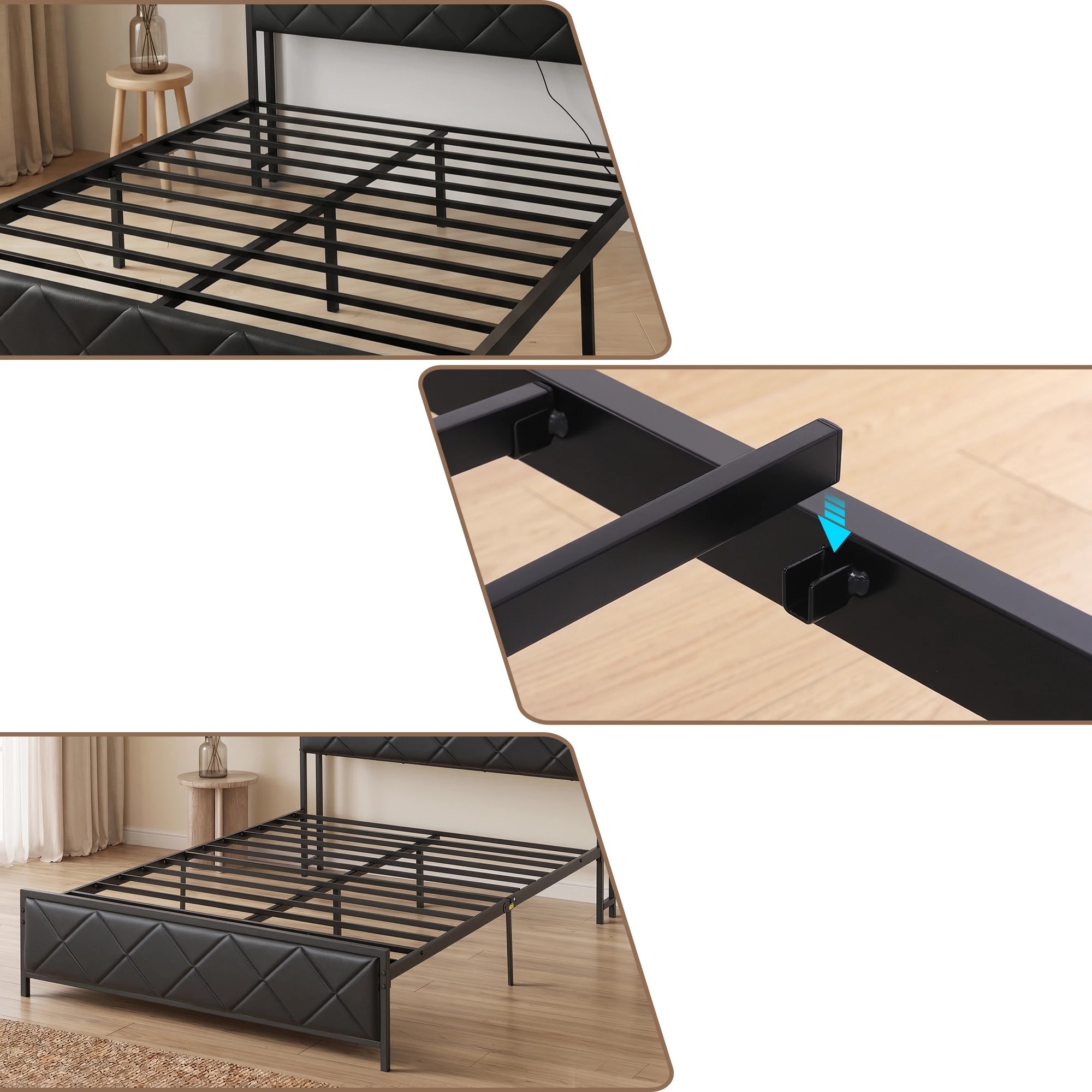9 Artiss Double Bed Frame with LED Lights Storage Headboard 2 USB 2 AC Outlets Charging Station - Black, 9 of 10