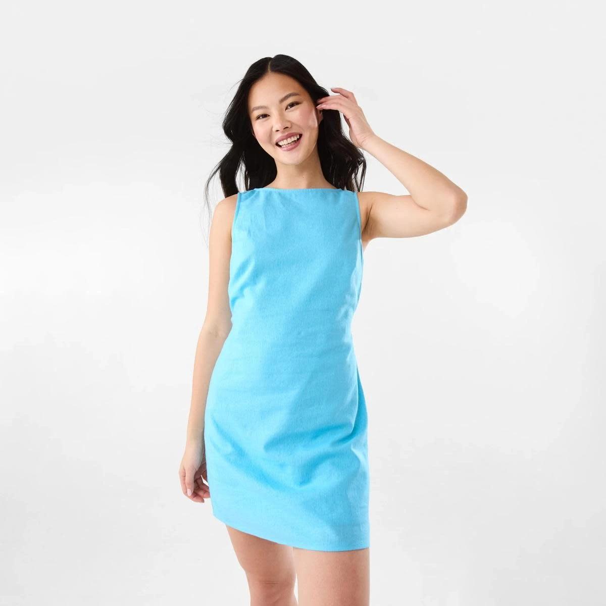 1 Sleeveless Boat Neck Linen Blend Mini Dress BLUE TOPAZ, 1 of 9