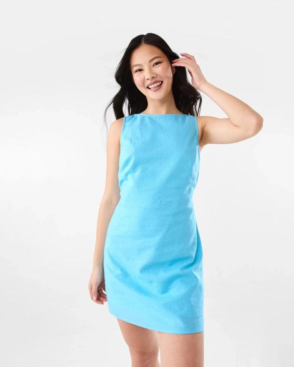 Sleeveless Boat Neck Linen Blend Mini Dress