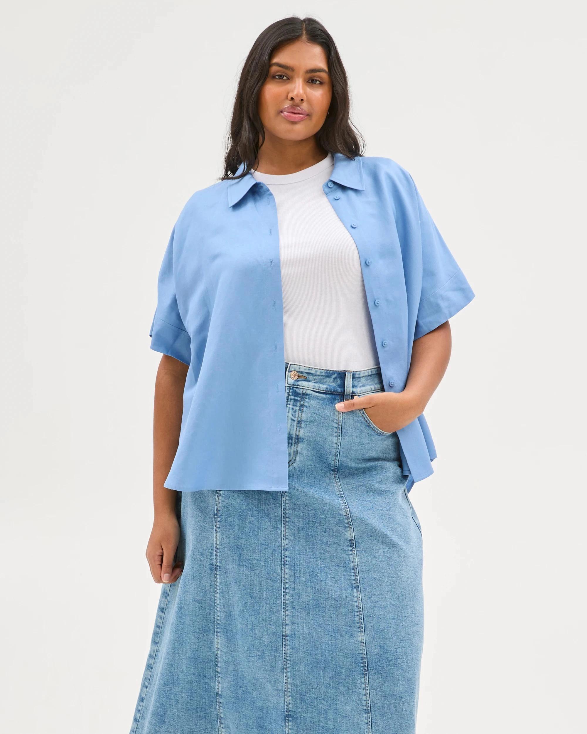 3 Target Plus Size European Linen Blend Boxy Shirt ASHLEIGH BLUE, 3 of 6