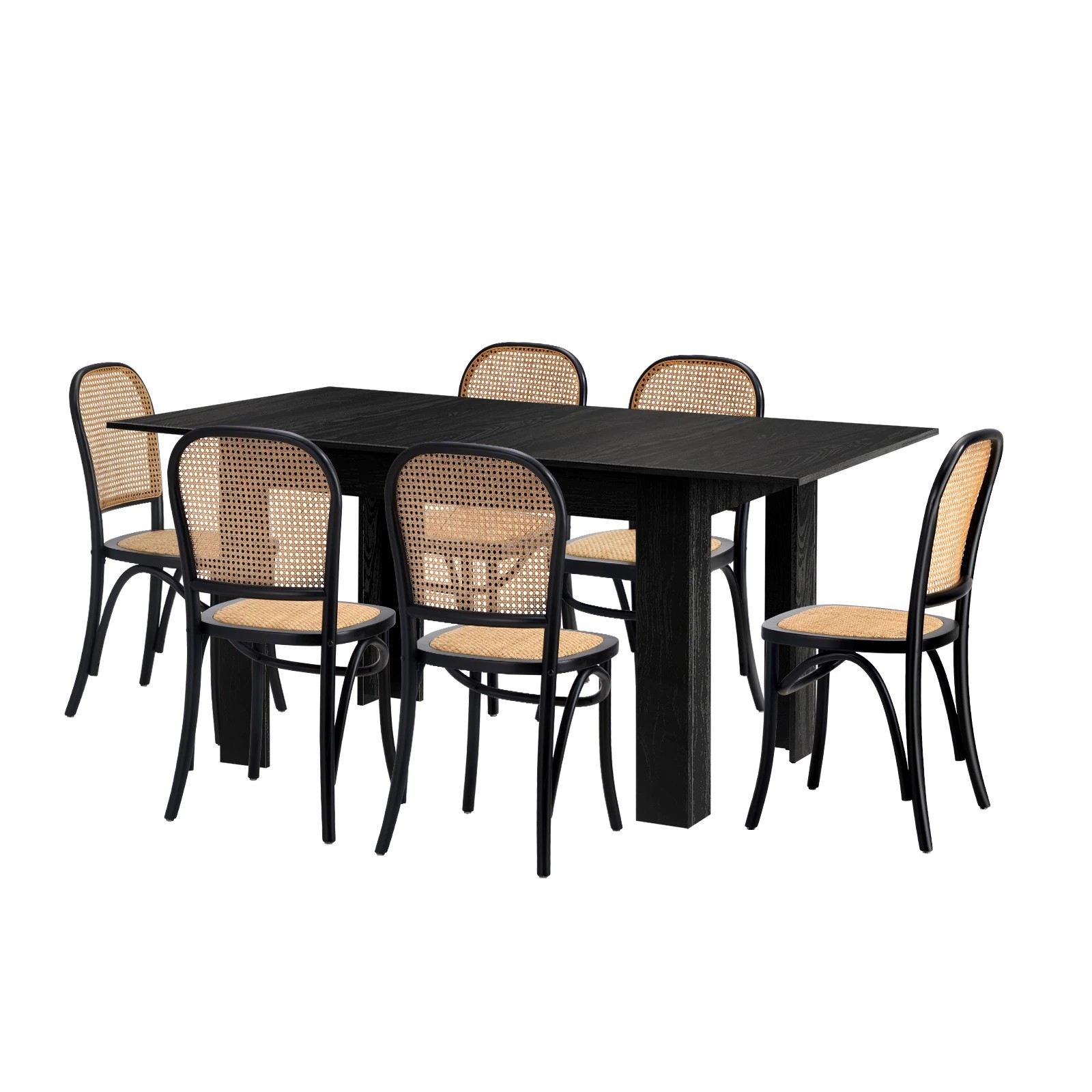 1 Oikiture 160cm Extendable Dining Table with 6PCS Dining Chairs Rattan - Black, 1 of 9