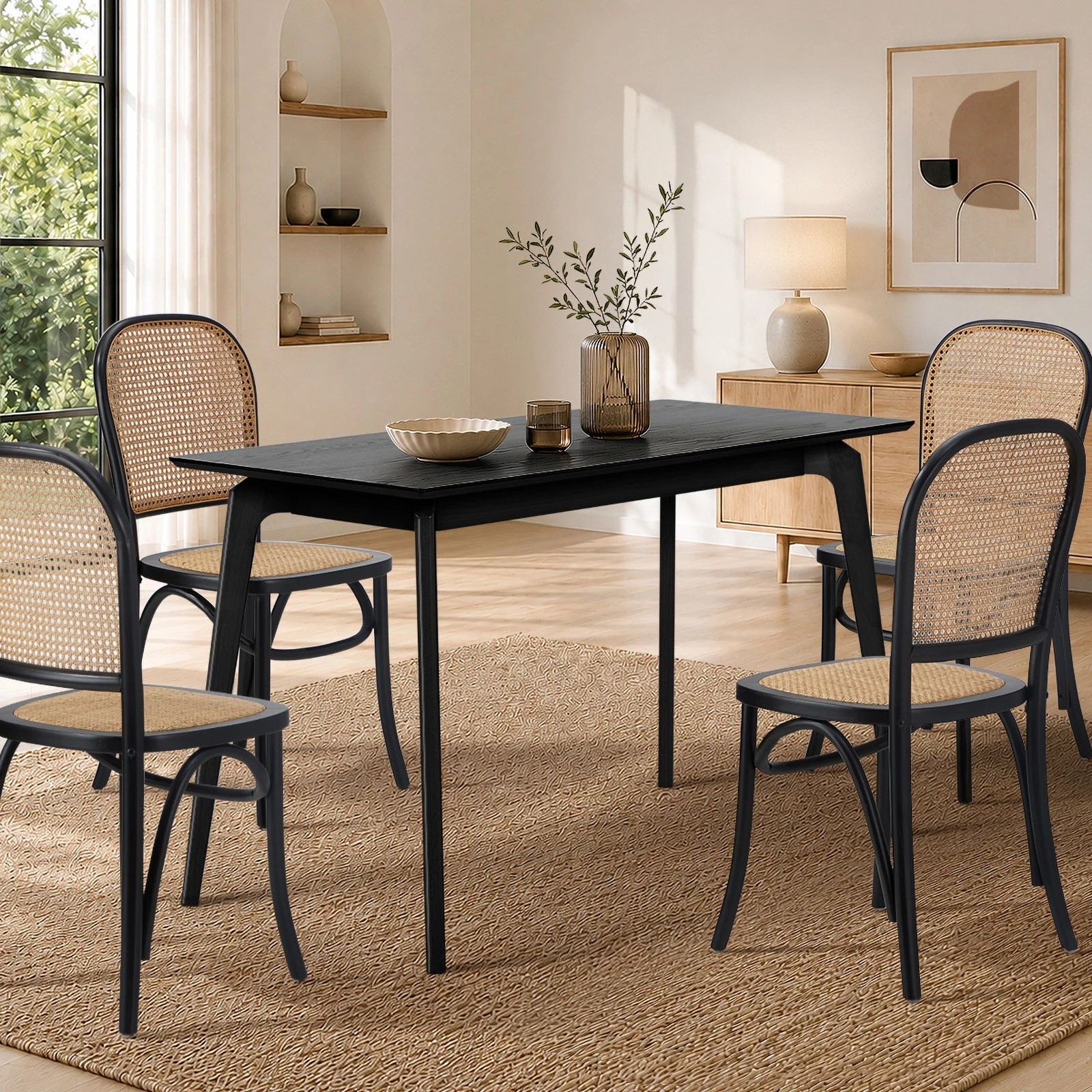 4 Oikiture Wooden Dining Table 120cm Rectangular 4 Seater Pinewood Legs - Black, 4 of 9