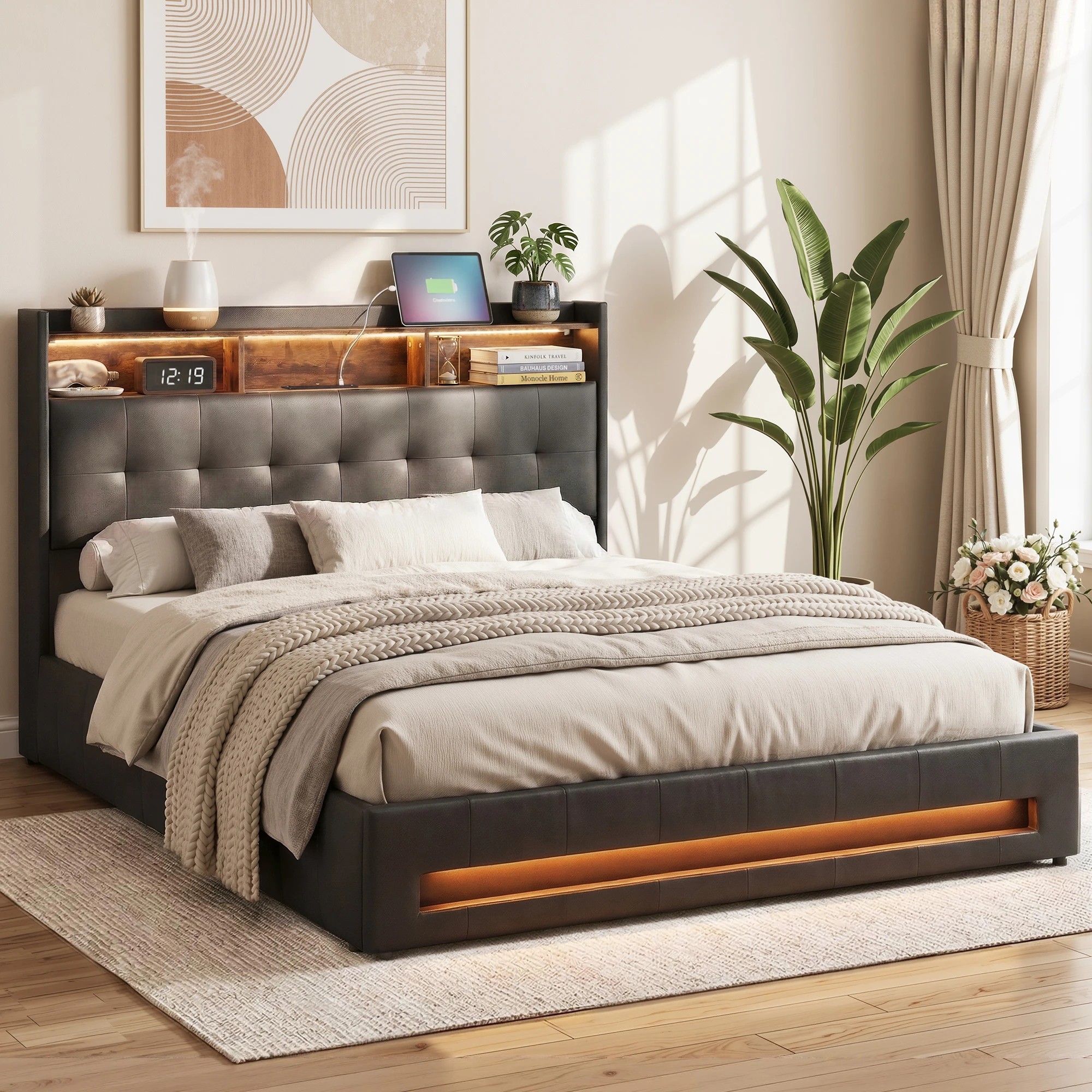 10 Artiss Queen Bed Frame Gas Lift Storage LED Lights Charging Station with Open Shelf - Black, 10 of 10