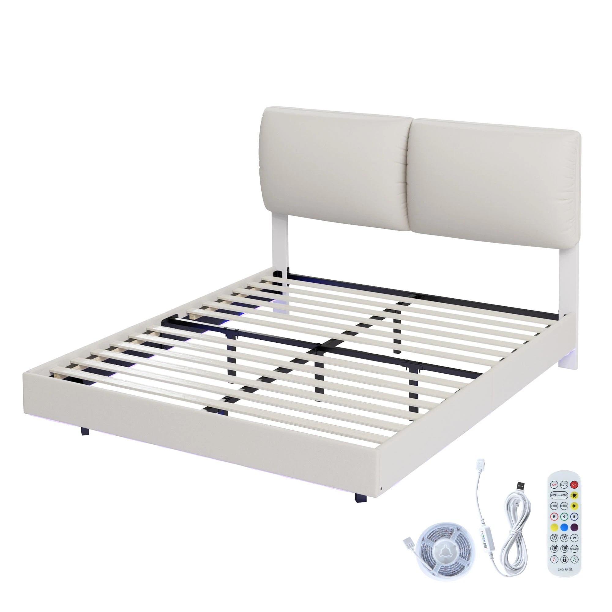 1 Levede Double Upholstered Platform Bed Frame with Light - Beige, 1 of 9