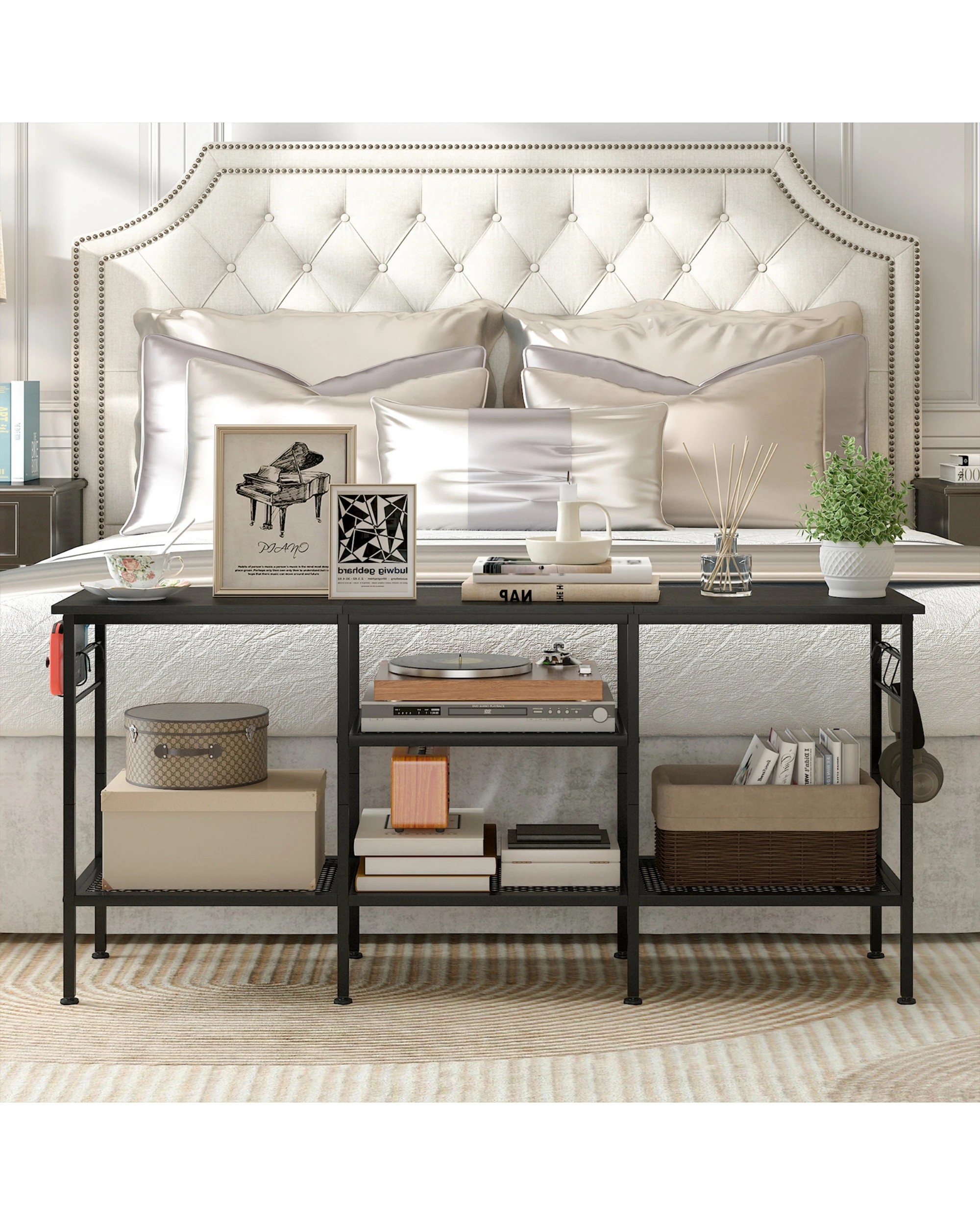 3 Advwin TV Cabinet 120cm Entertainment Unit Stand w/ Shelf & Hooks Media Console Table, 3 of 8