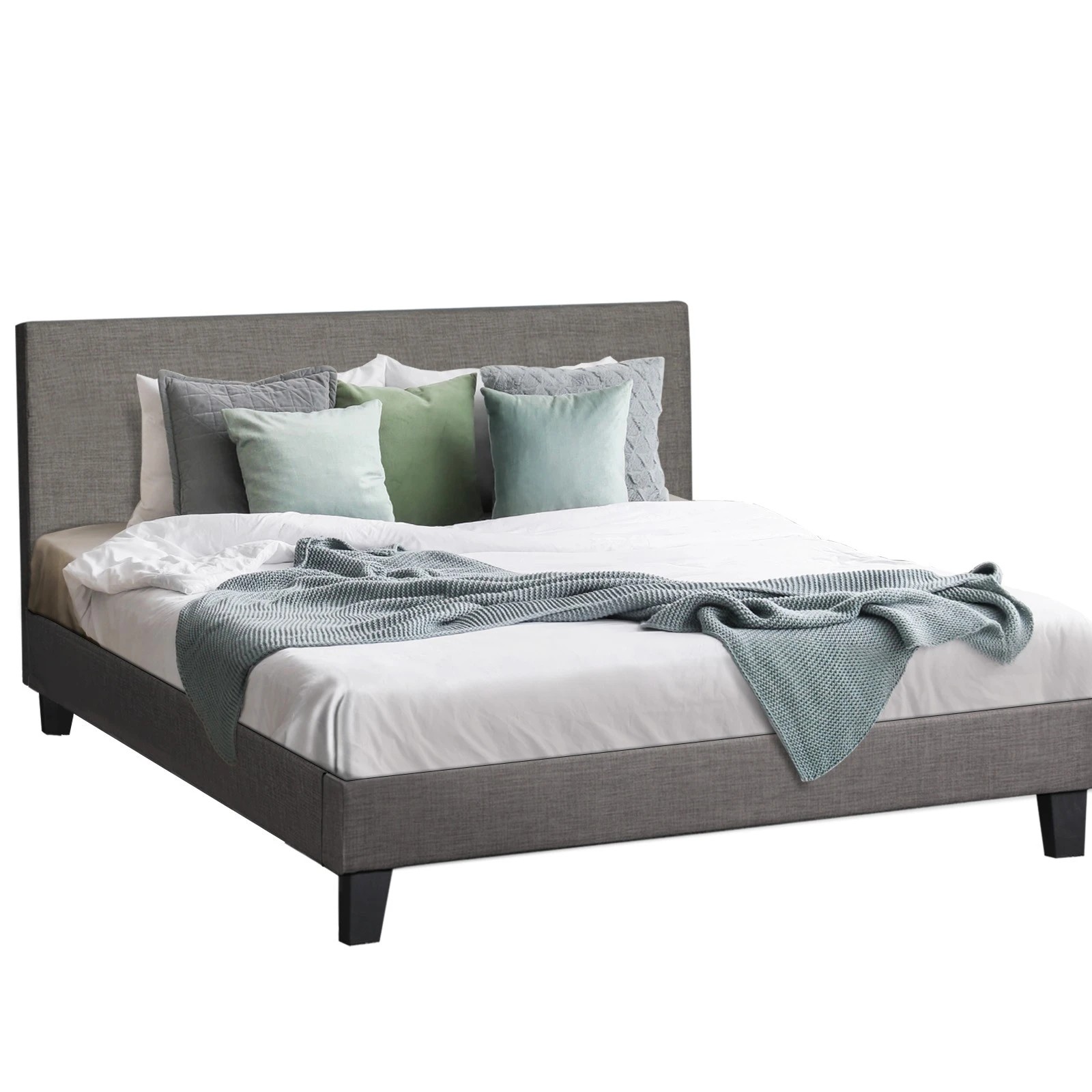 1 Oikiture Bed Frame Double Size Wooden Slats Fabric - Grey, 1 of 10