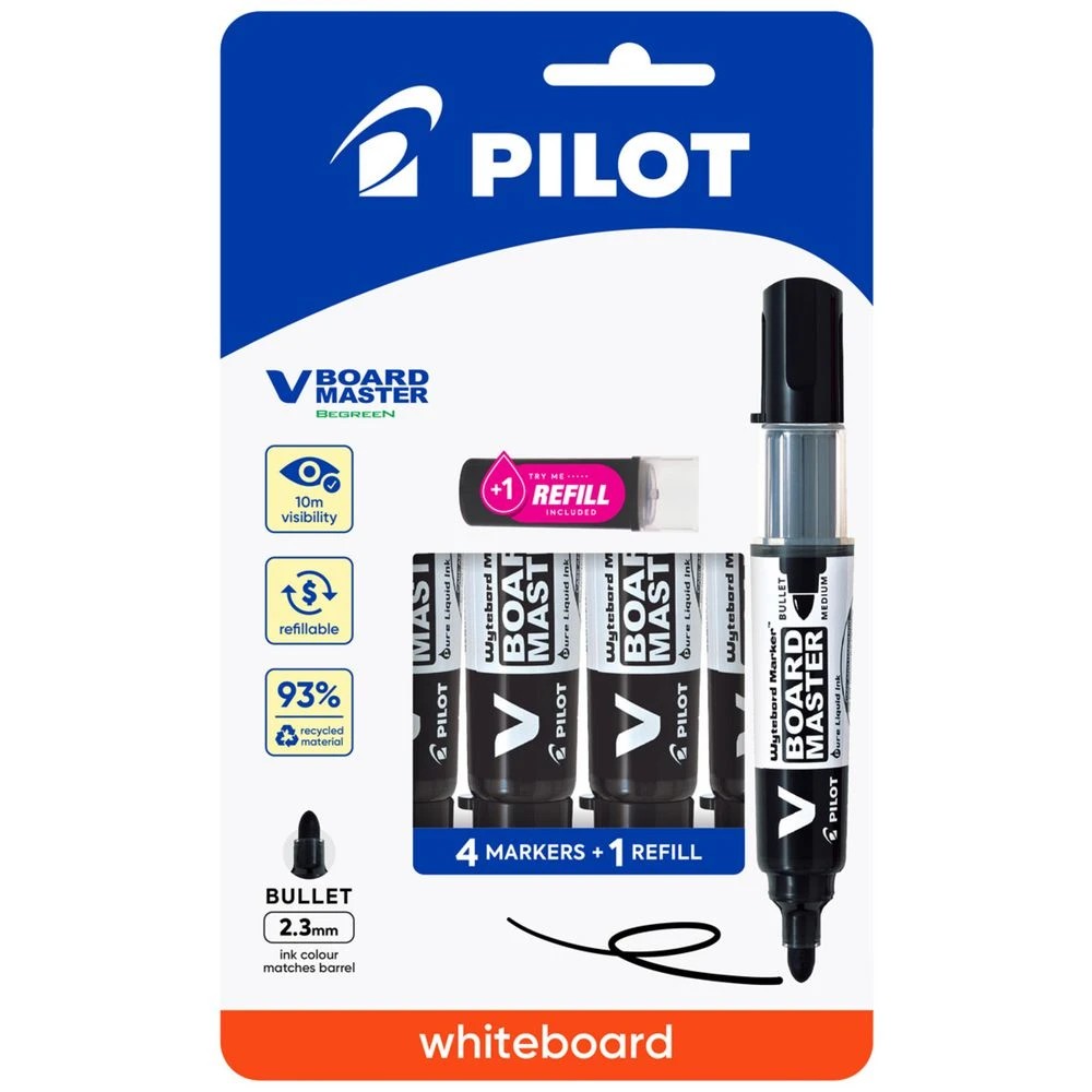 1 PILOT V Board Whiteboard Marker Bullet Black 4 Pk + 1 Refill, 1 of 8