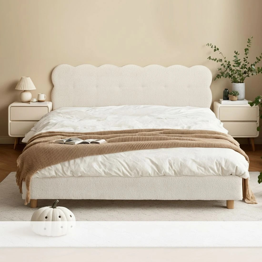 4 Artiss Queen Bed Frame Cloud Headboard Boucle Fabric Mattress Platform Base - White, 4 of 7