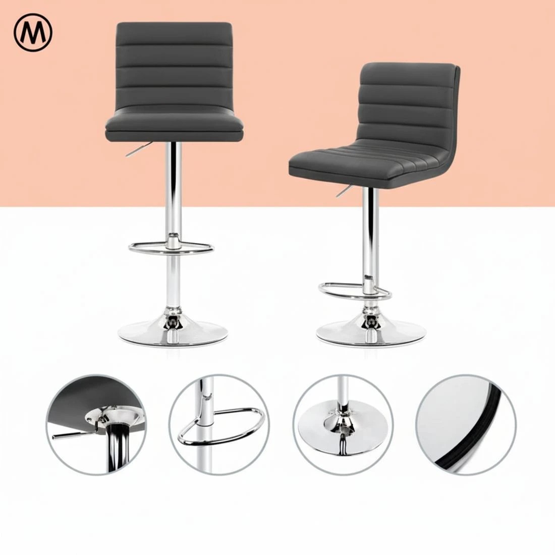 6 Artiss 4x Bar Stools Padded Leather Gas Lift - Grey, 6 of 7