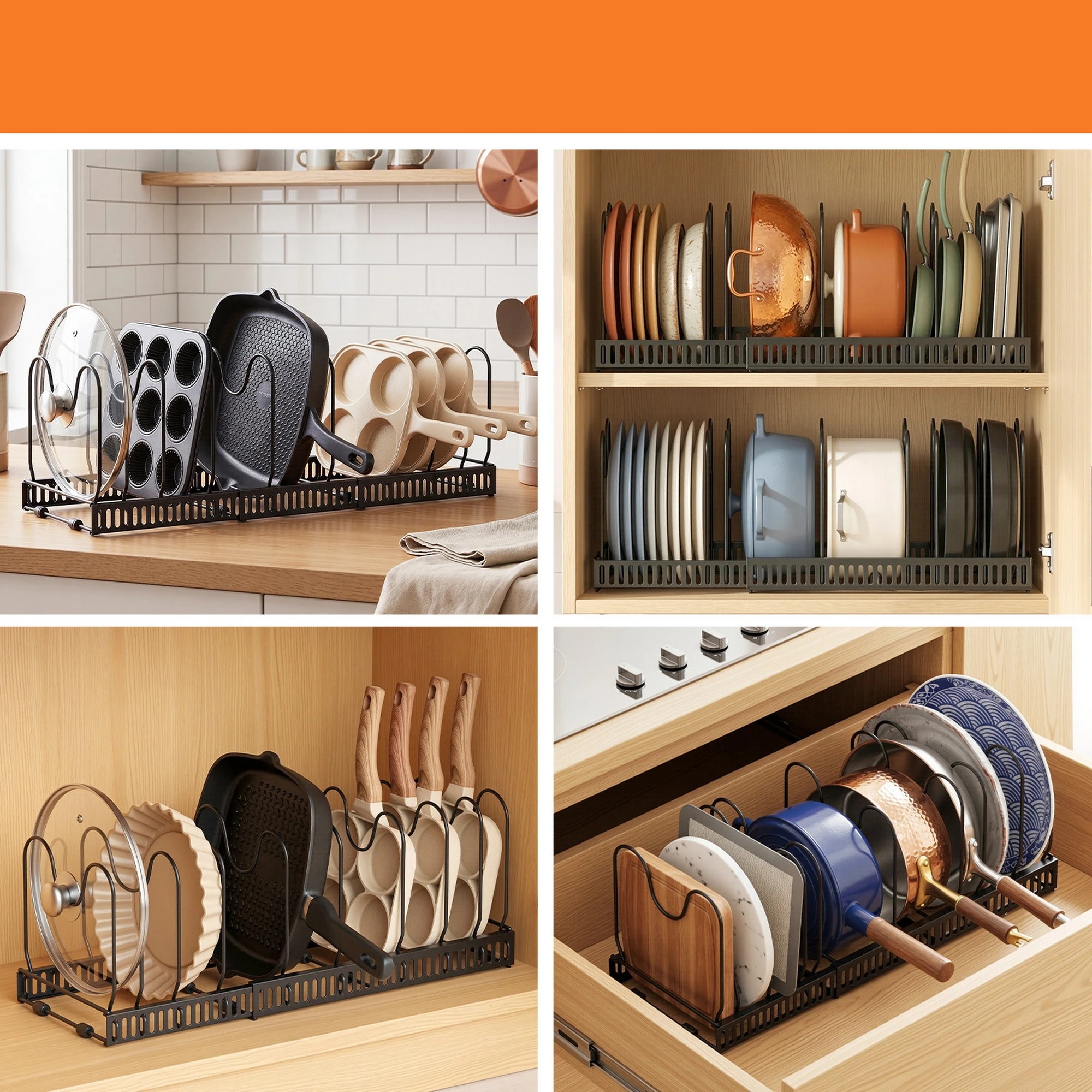 6 Artiss Expandable Pots and Pans Organizer Rack Cookware Holder Kitchen Cabinet Rack - Black, 6 of 7