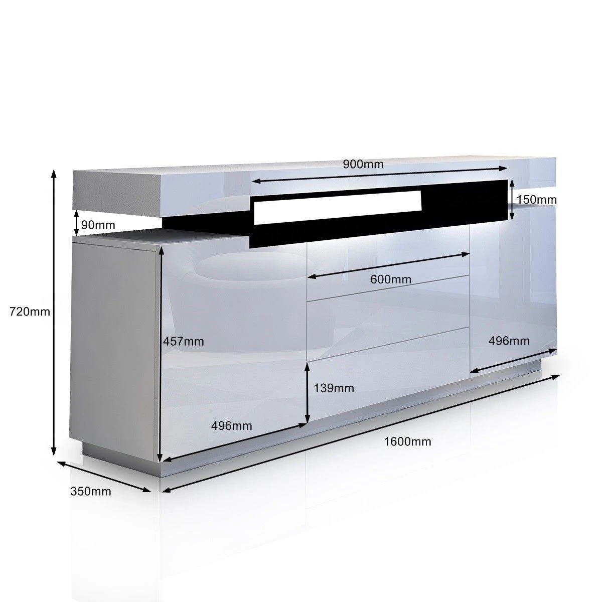 5 Ausway Modern Buffet Sideboard Cabinet High Gloss Storage with 2 Doors & 3 Drawers, 5 of 7