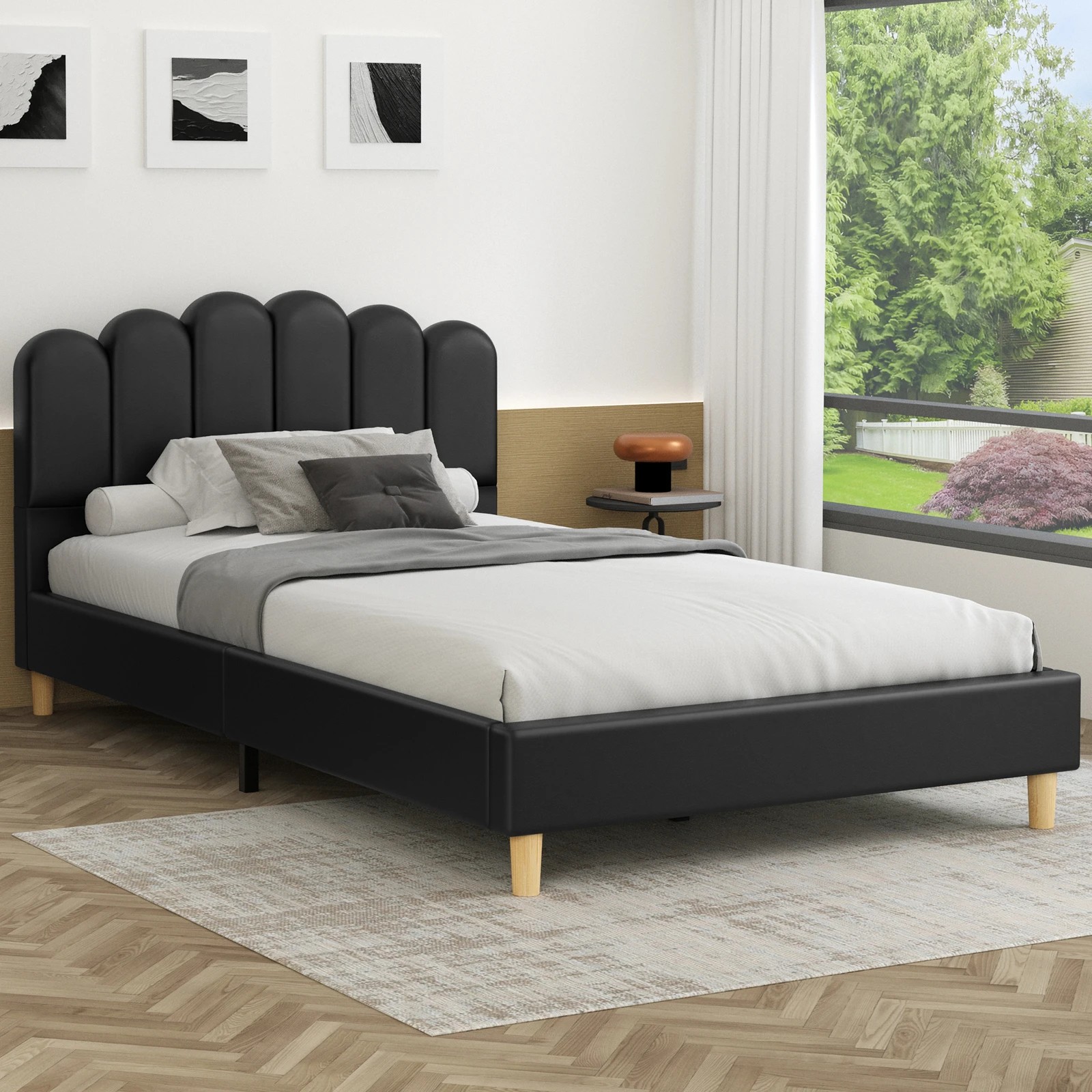 2 Alfordson Bed Frame King Single Upholstered Platform Base Leather Tania - Black, 2 of 10