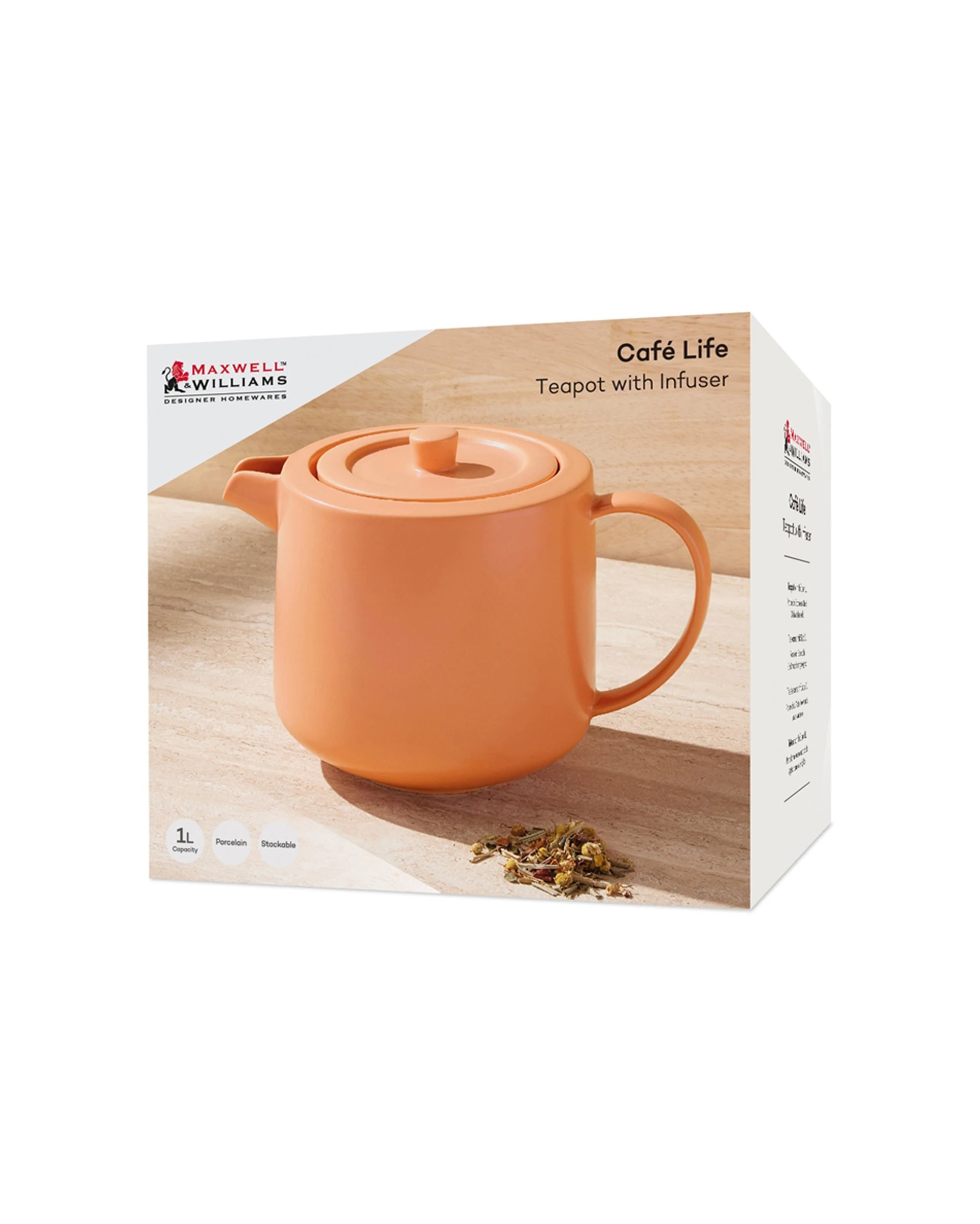 4 Maxwell & Williams Cafe Life Porcelain Teapot With Infuser 1l - Teaware
 - Orange, 4 of 4