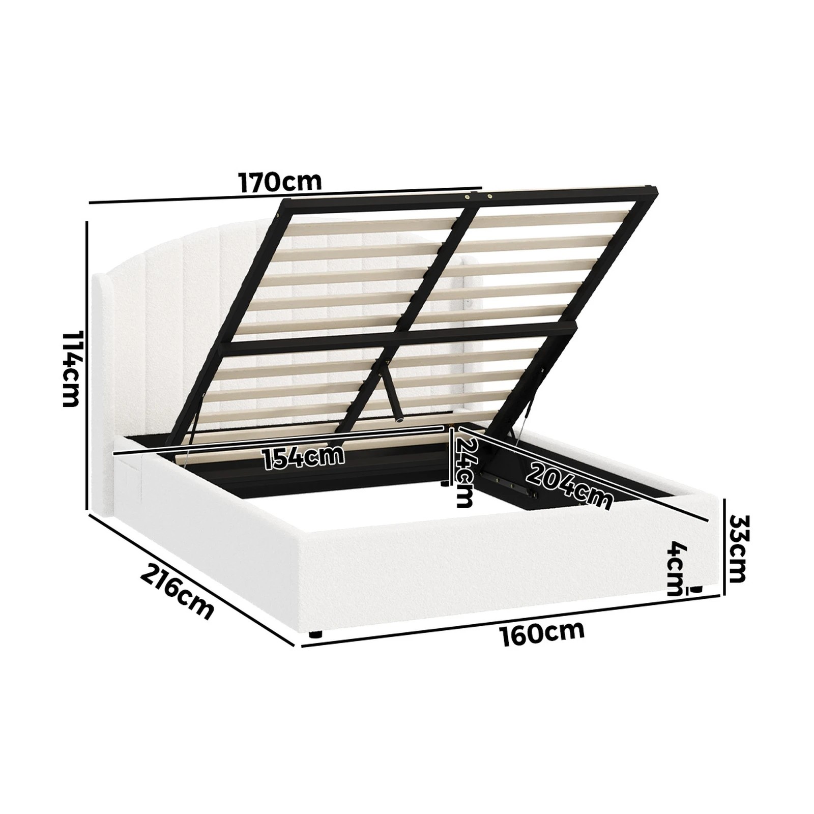 2 Oikiture Bed Frame Queen Size With Gas Lift Storage USB Charging Boucle - White, 2 of 8