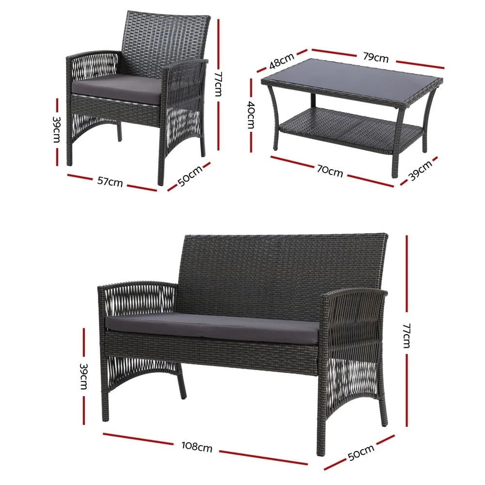 2 Gardeon 4PCS Outdoor Sofa Set Wicker Harp Chair Table Patio Furniture - Grey, 2 of 6