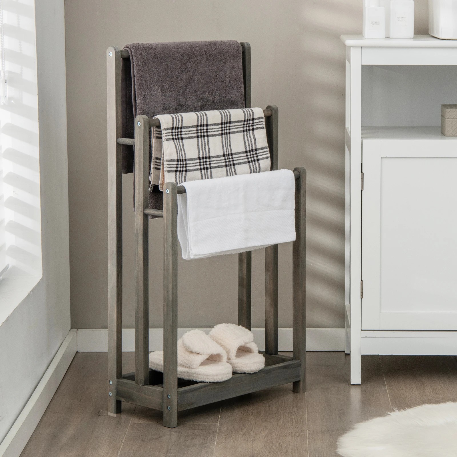 2 Costway 3-Bar Towel Rack Freestanding Towel Drying Stand w/Bottom Storage Shelf - Grey, 2 of 3