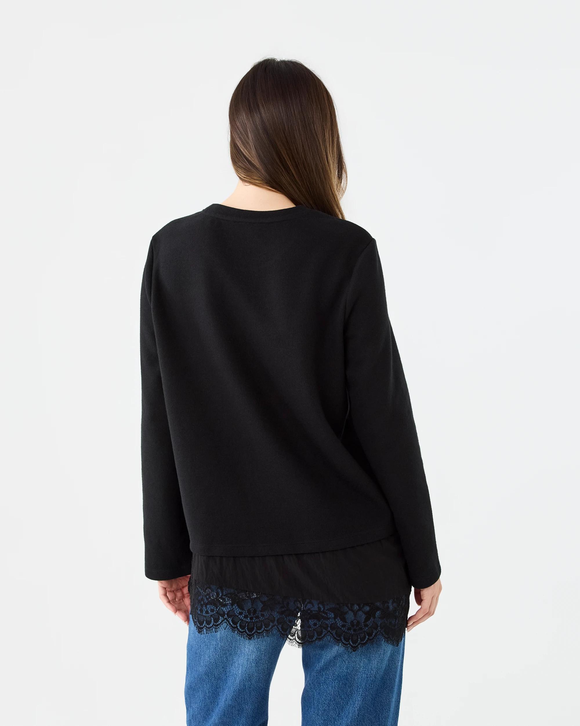 3 Long Sleeve Brushed Lace Trim Top Black, 3 of 7