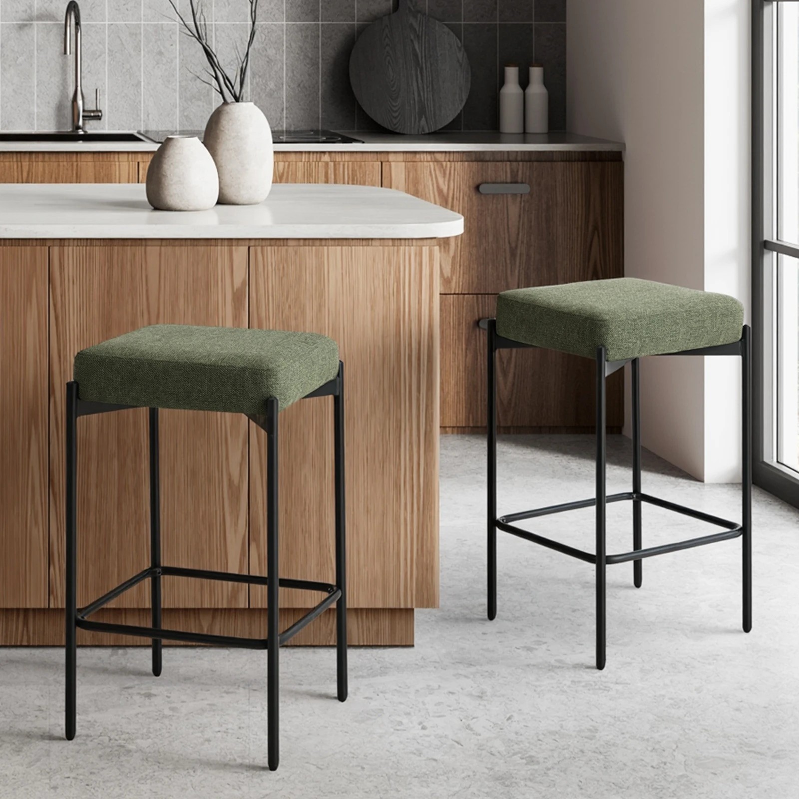 3 Oikiture 2x Bar Stools Kithen Counter Stool Dining Chair Linen Seat Metal - Green, 3 of 9