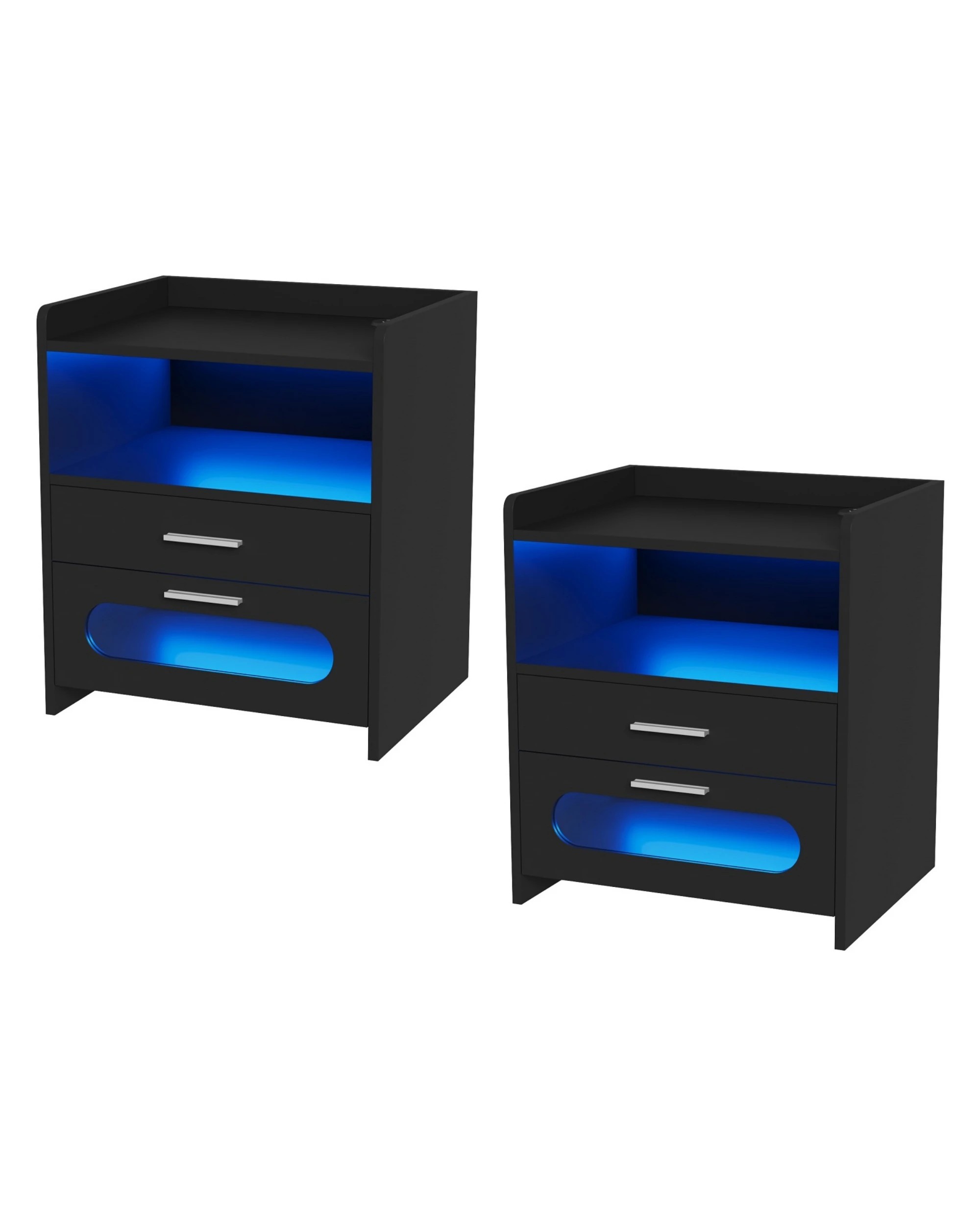 1 Advwin Bedside Table Set of 2 Wireless Charging Station Led Lights 2 Drawers Storage - Black, 1 of 9