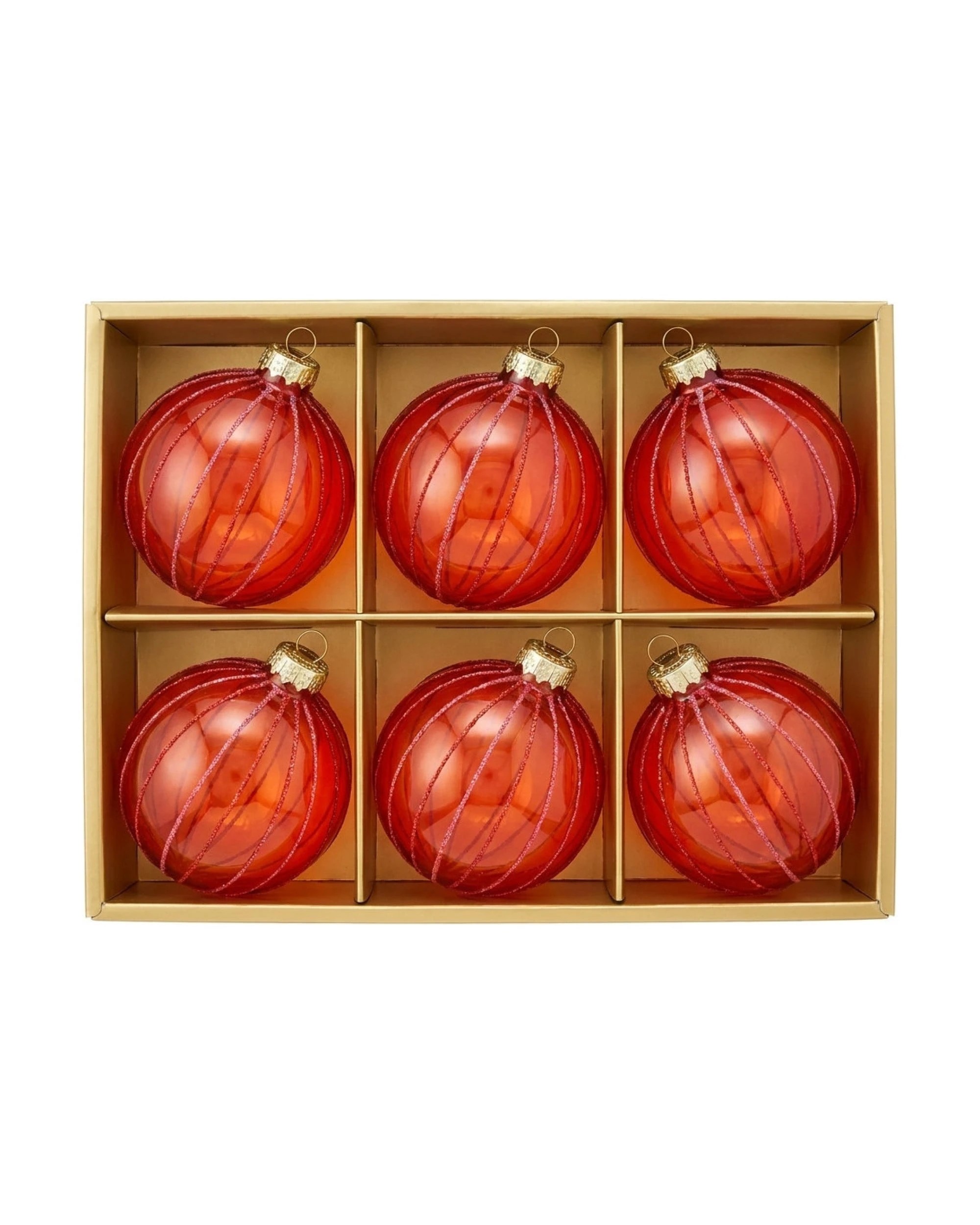 Christabelle 6 Red Glass Christmas Baubles Pink Beaded Stripes 8cm Xmas ...