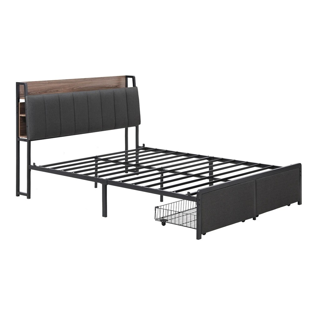 1 Artiss Metal Bed Frame Double Size with 2-Tier Hidden Storage with Charging Station - Grey, 1 of 7