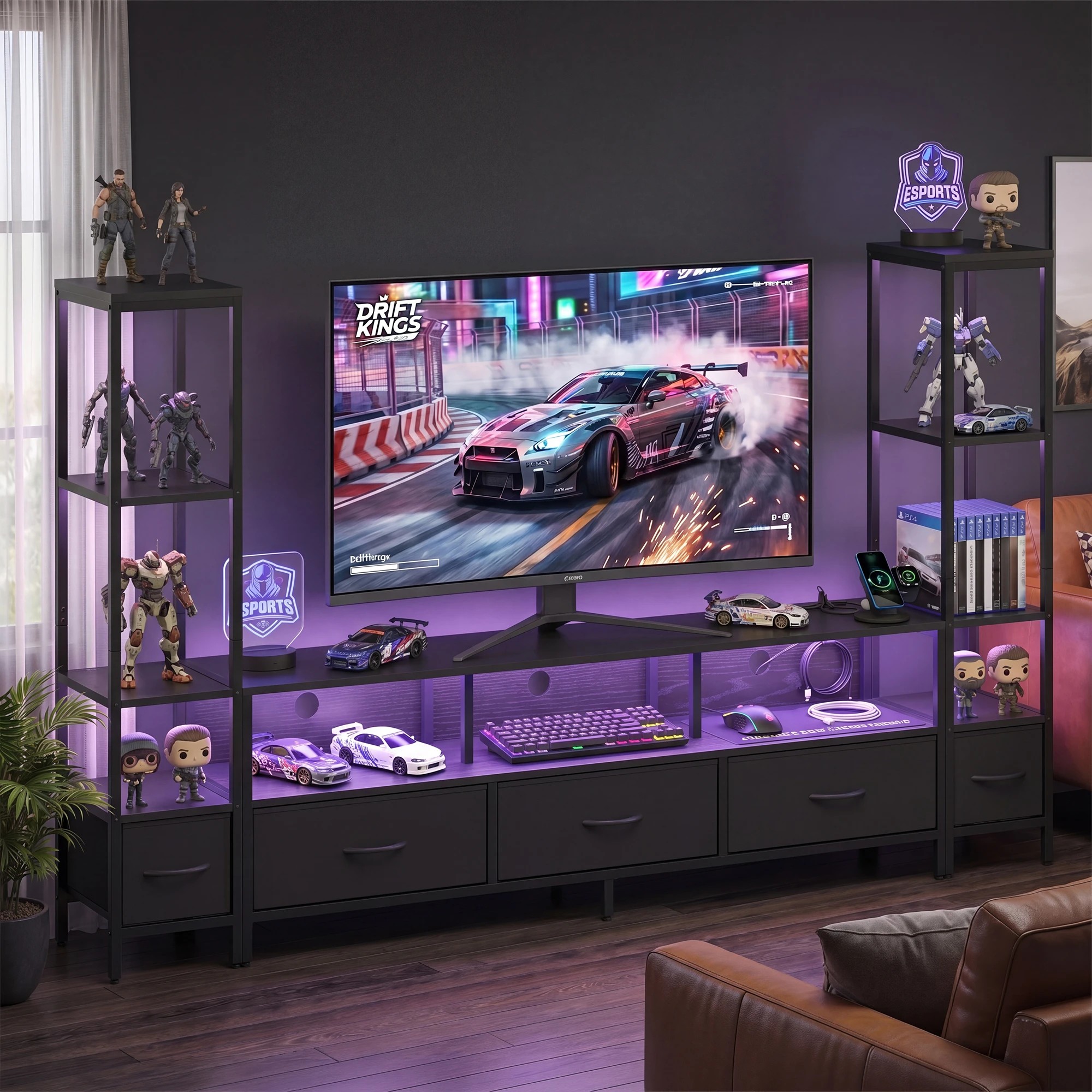 5 Advwin 197cm TV Stand with Bookshelf Entertainment Center with Power Outlet & LED Lights - Black, 5 of 7
