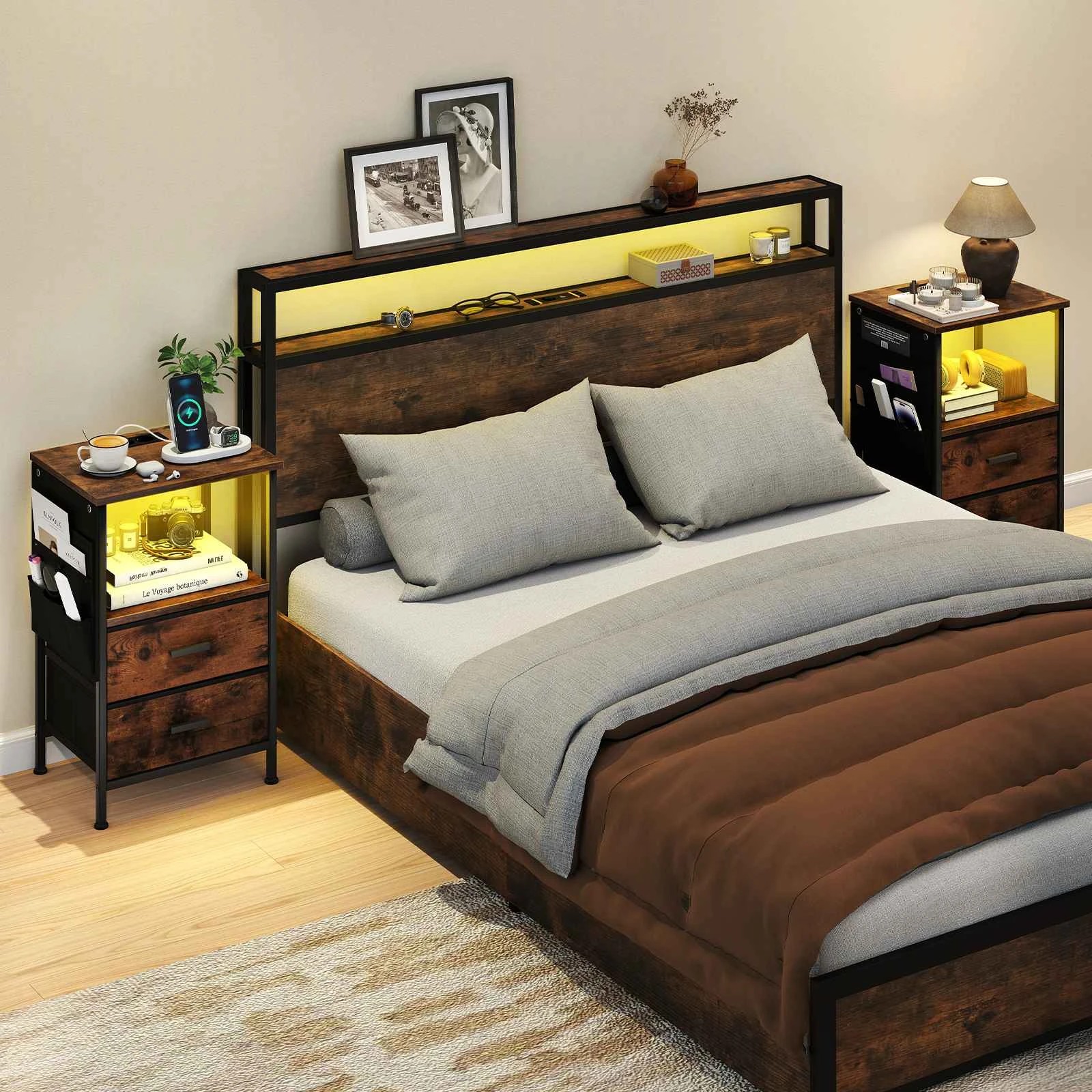 3 Costway 2x End Table LED Lighted Nightstand w/Charging Station, 3 of 5