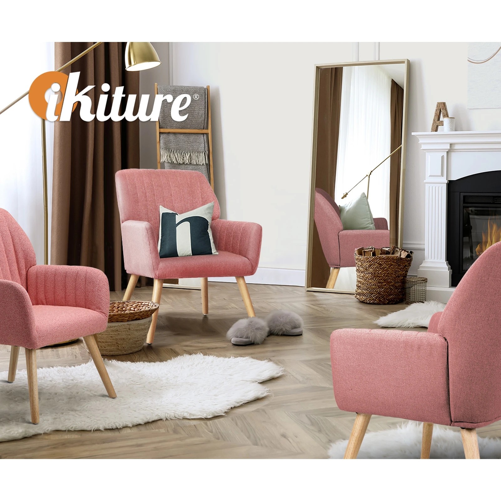 6 Oikiture 2x Armchair Lounge Sofa Chair Fabric Accent Chairs Armchairs - Pink, 6 of 10