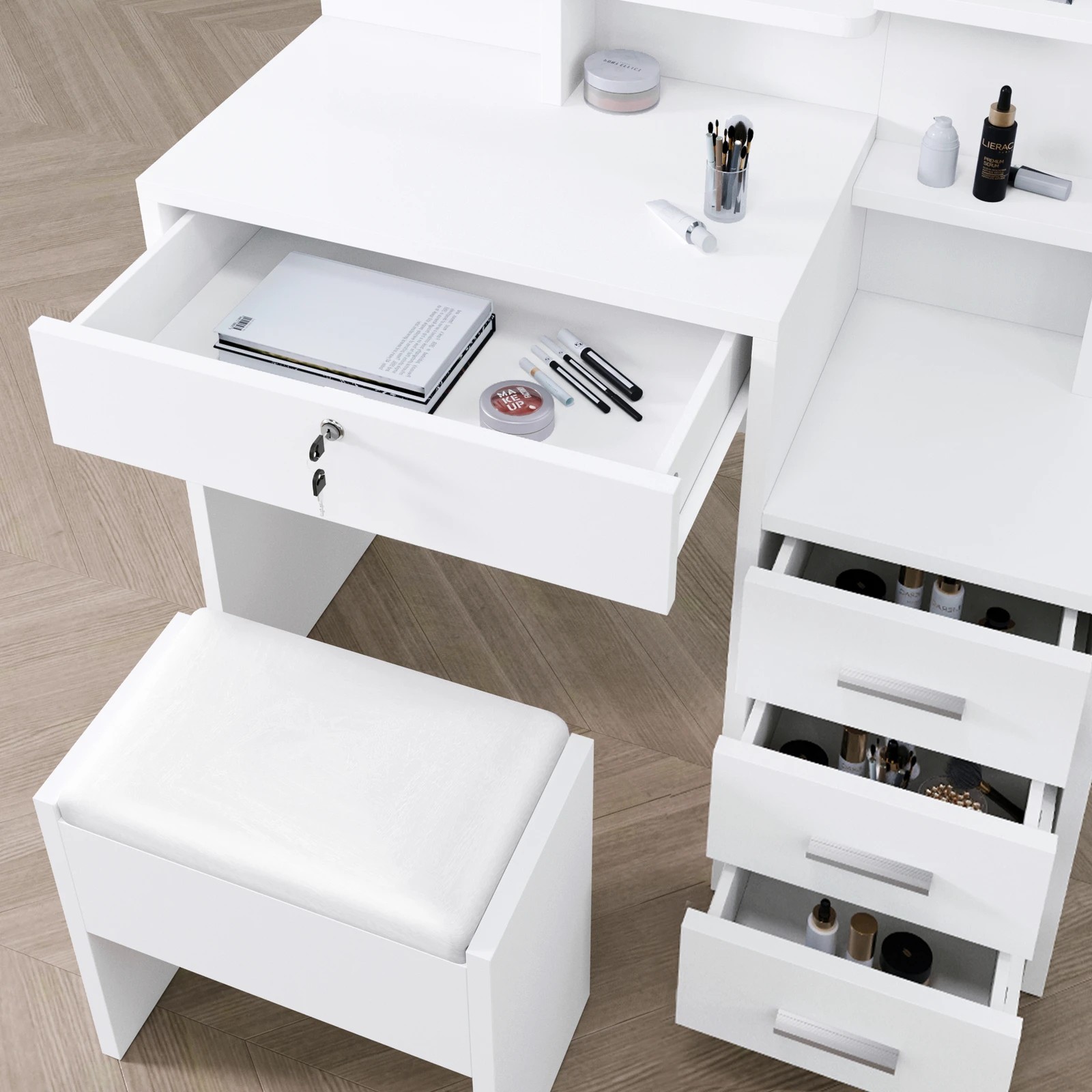 3 Alfordson Dressing Table Stool Set Makeup Mirror Drawers Vanity Desk - White, 3 of 10