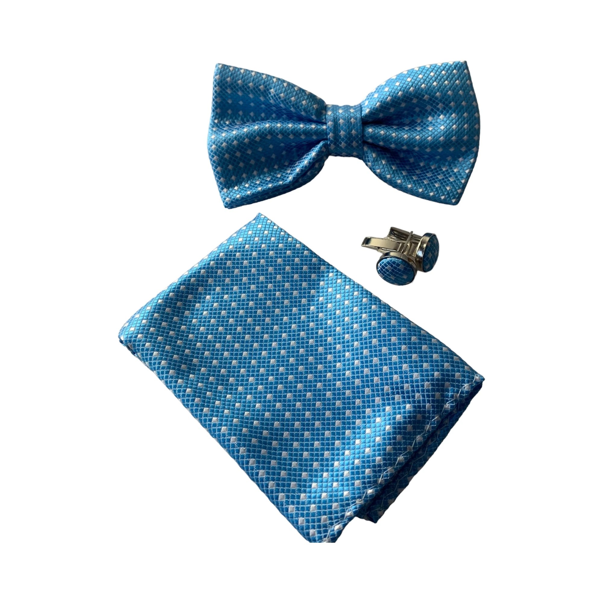 3 Zasel Mens Light Blue Checkered Matching Bow Tie, Pocket Square & Cuff Links Set - Multi, 3 of 5