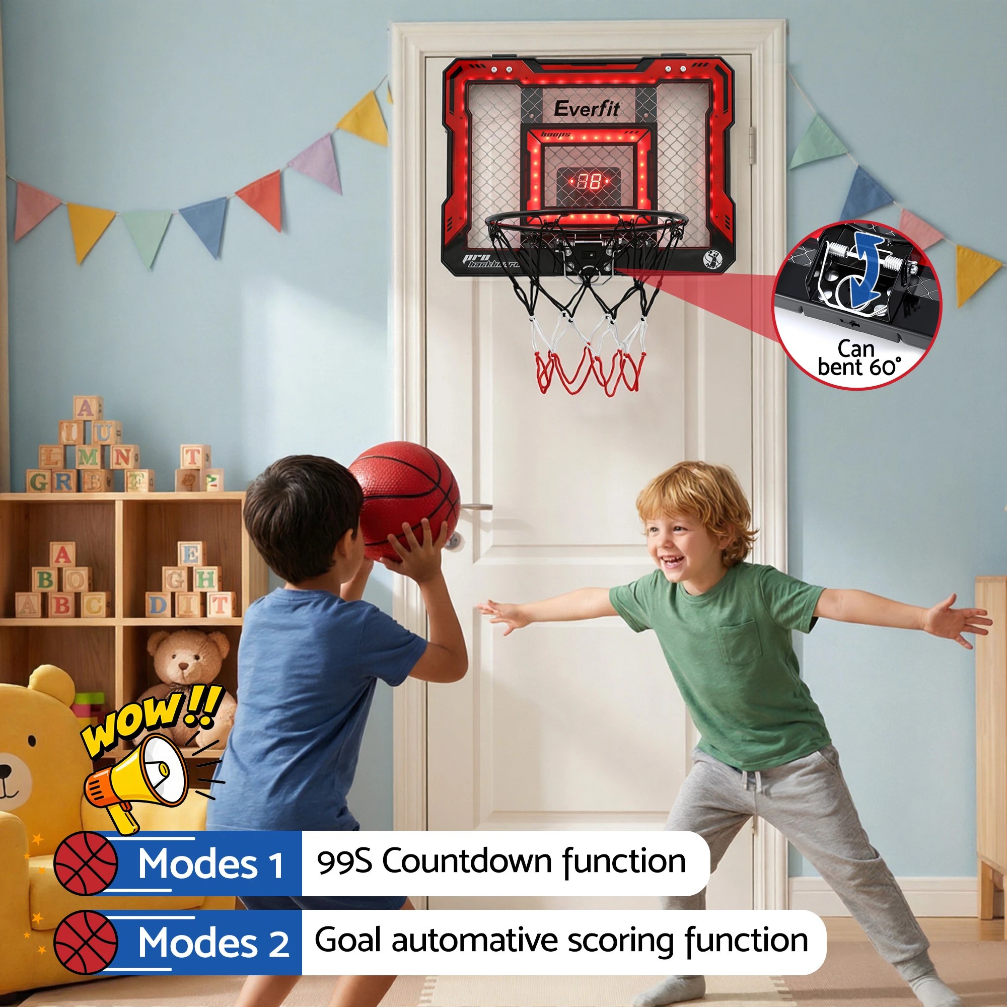 3 Everfit Mini Basketball Hoop Over Door Indoor LED Scoreboard Kids Set 40x30cm - Red, 3 of 5