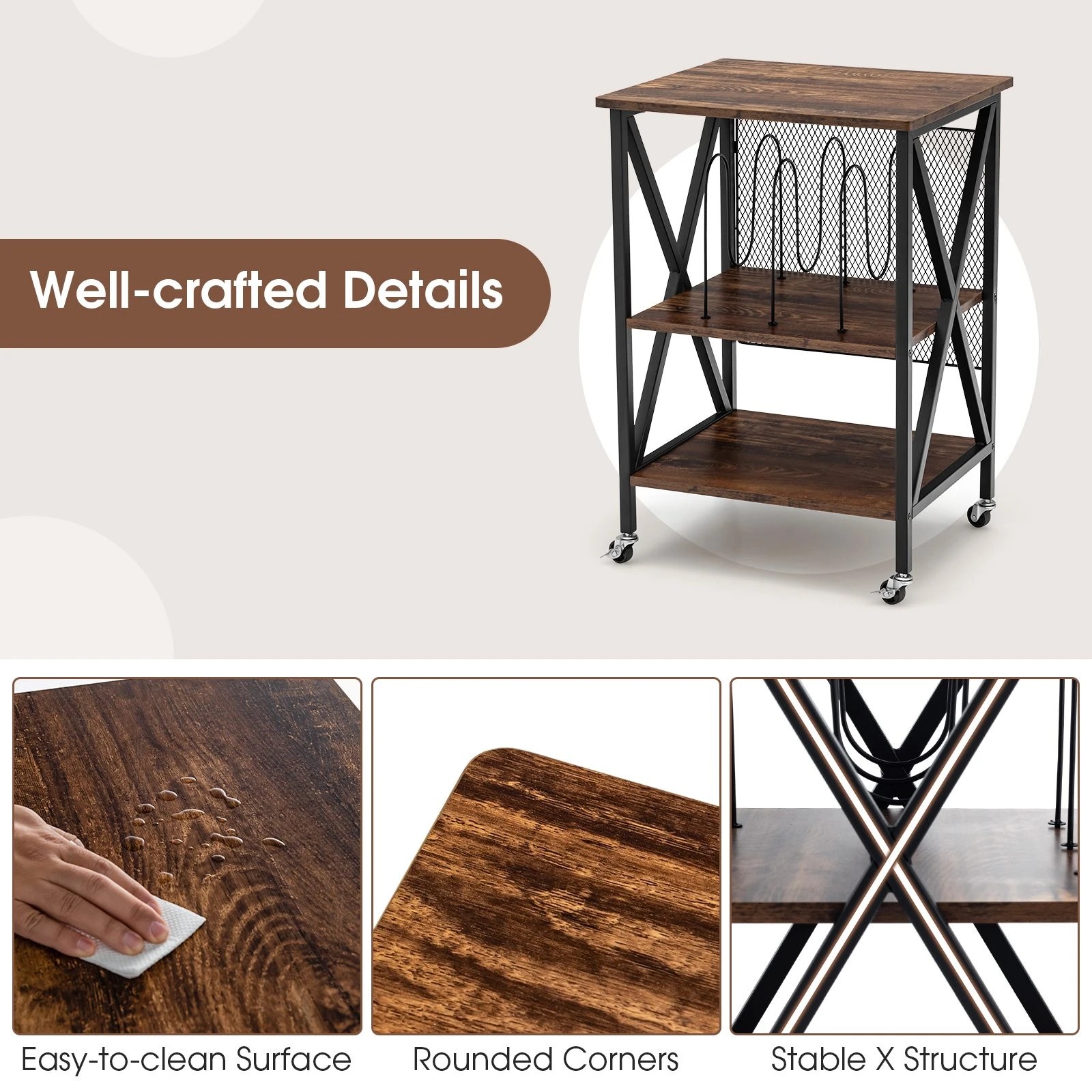 6 Costway Rolling Record Player Stand 3-Tier Side End Table, 6 of 10