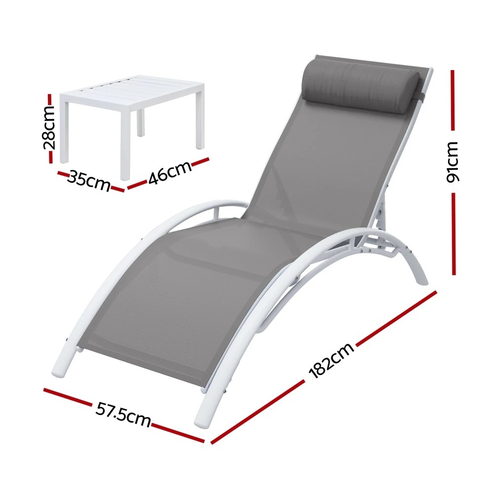 2 Gardeon 3PC Sun Lounge Outdoor Lounger Table Chairs Steel Patio Furniture - White, 2 of 5